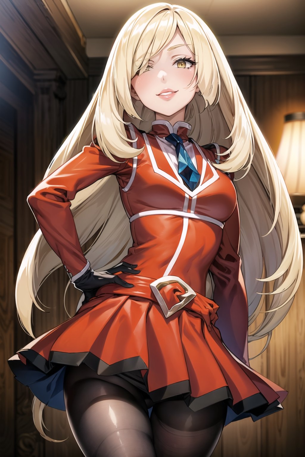 (best quality), (highly detailed), masterpiece, (official art),lusamine, blonde hair, yellow eyes, long hair, looking at viewer, very long hair, (hair over one eye:1.3), (team flare:1.2), gloves,juliet_sleeves, long_sleeves , pleated skirt, thighhighs,  thigh boots, dress, belt, red dress, pantyhose, (lips:1.2), grin, smirk, (seductive pose:1.2), cowboy shot, looking at viewer, indoors, blurry background,depth of field, best quality, masterpiece, intricate details, tonemapping, sharp focus, hyper detailed, trending on Artstation,