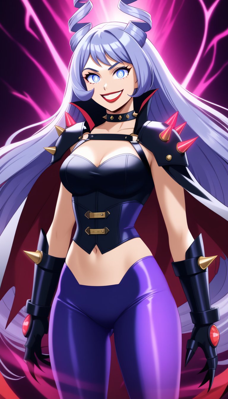 score_9, score_8_up, score_7_up, intricate details,1girl, nejire hado, solo, long hair, blue hair, flowing hair, luscious hair, jokerized, wide smile, evil grin, crazy eyes, teeth, red lips, shining glossy skin, constricted pupils, glowing eyes, sinister expression, wearing black leather corset, tight dark outfit, spiked shoulder pads, thigh-high boots, high heels, exposed midriff, body harness, leather straps, sharp claws, metallic accessories, dark energy, purple aura, black cape, flowing cape, torn cape, spiked choker, dark gauntlets, glowing veins, glowing purple lines, villainess, full body, dynamic lighting, high contrast, villainous aura, dramatic pose, smirk