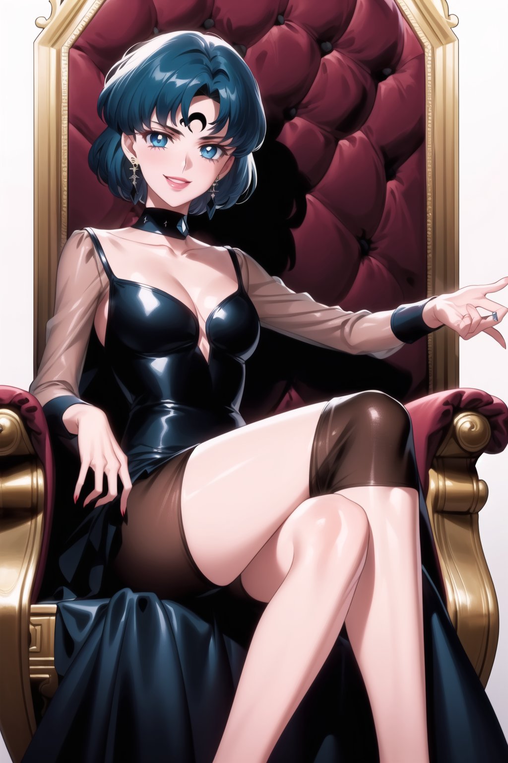 (best quality), (highly detailed), masterpiece, (official art), sailor mercury,short hair, blue hair, ((forehead mark, crescent facial mark, black crystal earrings)), aged up, evil smile, lips,  ((black dress, long sleeves, see-through)), pink dress, sitting, throne