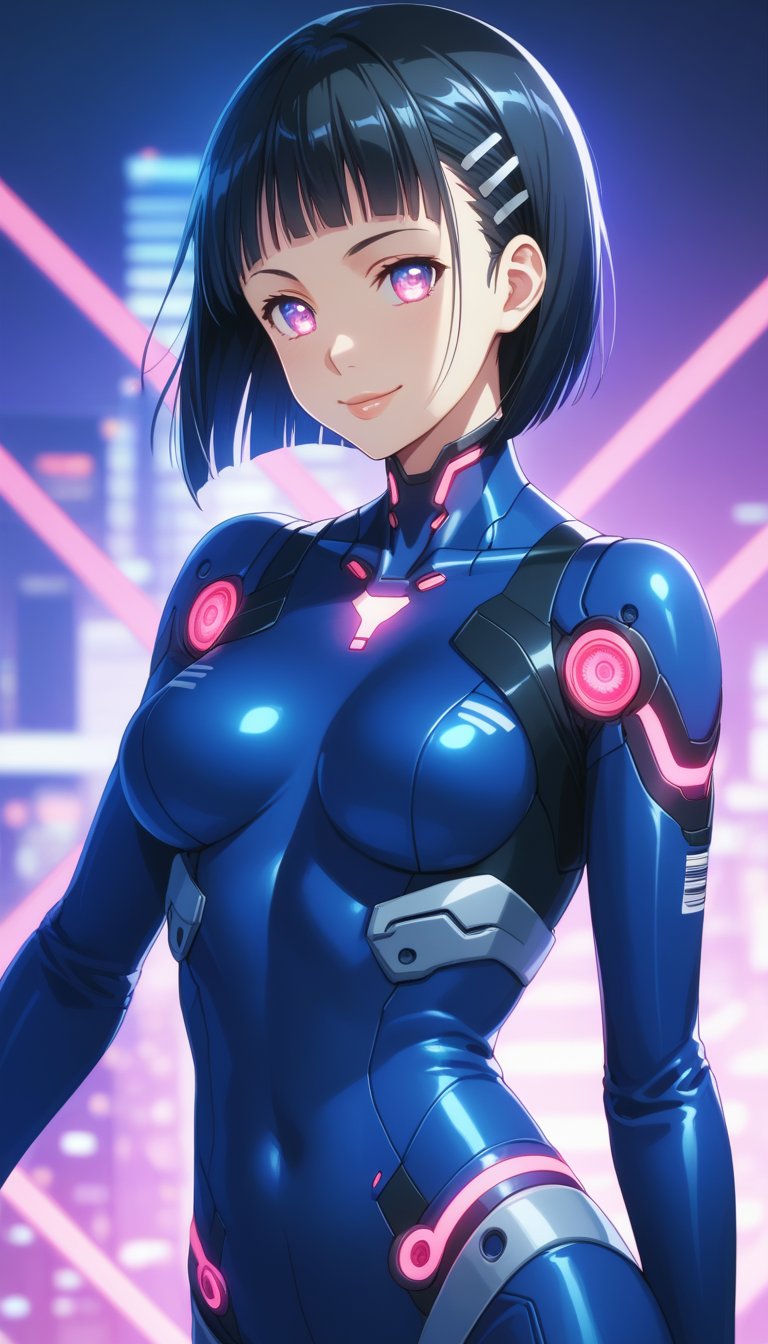 score_9, score_8_up, score_7_up, intricate details, suguha, short hair, black hair, bob cut, hairclip, hair ornament, blunt bangs, lips, smile, pose, bodysuit, cowboy shot, angle, femobt,Remodeling, pink eyes, blue eyes, glowing eyes, android, barcode,blue lips,,StandingAtAttention,cyberpunk,cyborg style