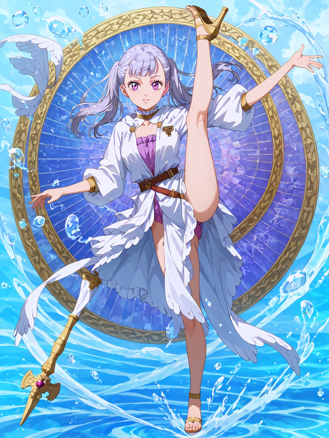 masterpiece, best quality, ultra-detailed, perfect hands, perfect anatomy, High detailed, detailed background, full body, No public hair, extremely pretty face, beautiful face, ultra-detaild face, cute and round face, Shiny silver hair, casual, ultra-detailed eyes, round eyes,twintail hair, purple eyes,

[BREAK]
1 girl ,Noelle silva, standing split,

(Exact finger count, beautiful and delicate and ultra-detailed finger, 1 of the 5 fingers is a thumb ,hand is beautiful and  natural shape), 
beautiful face, ultra-detailed eyes, detailed hands, score_9, score_8_up,score_7_up, detailed fingers,