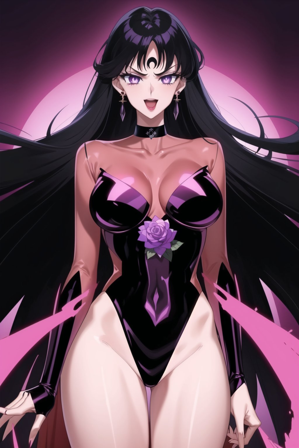 sama1, long hair, black hair, 1girl, solo, long hair, smile, black hair, jewelry, purple eyes, earrings, boots, leotard, highleg leotard, corruption, dark persona, covered navel, knee boots, aura, looking at viewer, open mouth, parted lips, choker, bodysuit, makeup, lipstick, facial mark, crescent facial mark, crystal earrings, purple flower, purple background, crystal, forehead mark, crescent, rose.
(best quality), (highly detailed), masterpiece, (official art), A dark and mysterious female character inspired by classic anime style, giving her a commanding and intimidating presence.  The overall atmosphere is dark and mysterious, with a sense of power and control emanating from her poised stance.,