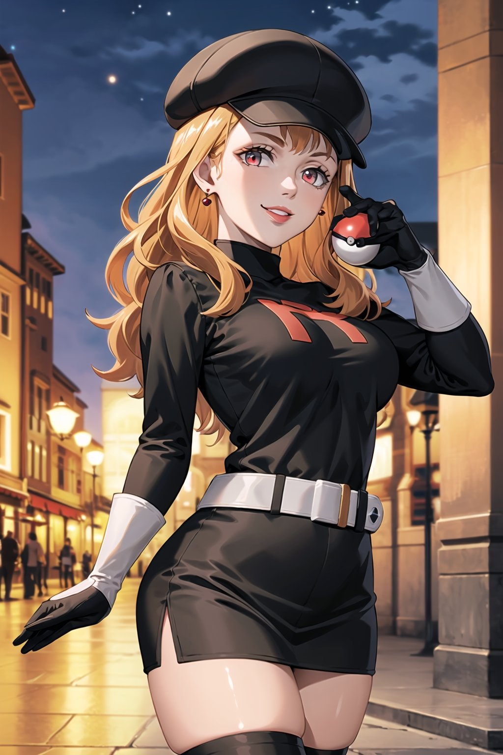 (best quality), (highly detailed), masterpiece, (official art), mimosa vermillion, Orange hair,red eyes, red earrings, poke ball, poke ball (basic), holding poke ball, black headwear, cabbie hat, hat, posing, lips, ( evil smile), ,Grunt Team Rocket, dress, black dress, long sleeves, gloves, elbow gloves, belt, grey belt, skirt, thighhighs, looking at viewer, china, asiática, city, night, sky, (intricately detailed, hyperdetailed), blurry background,depth of field, best quality, masterpiece, intricate details, tonemapping, sharp focus, hyper detailed, trending on Artstation,1 girl, high res, official art,