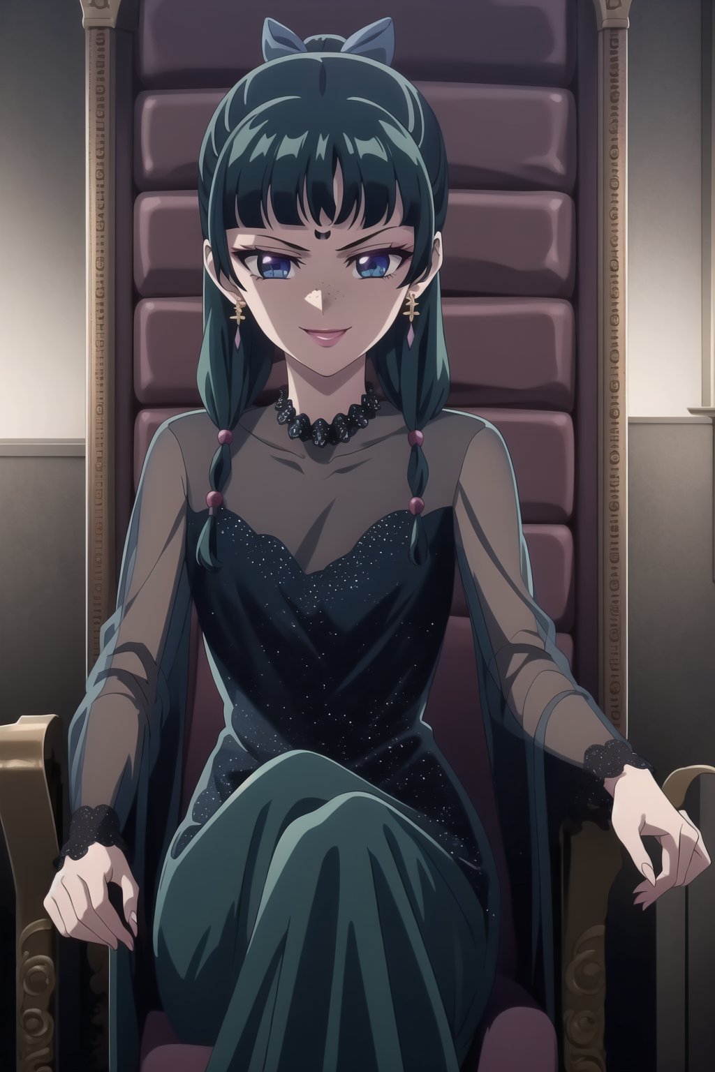 (best quality), (highly detailed), masterpiece, (official art), maomao,1girl,blunt bangs,green hair,blue eyes,sidelocks,twin braids,hair over shoulder,hair beads,half updo,single hair bun,hair ribbon,freckles, forehead mark, crescent facial mark, black crystal earrings, aged up, evil smile,  black dress, long sleeves, see-through,  sitting, throne,