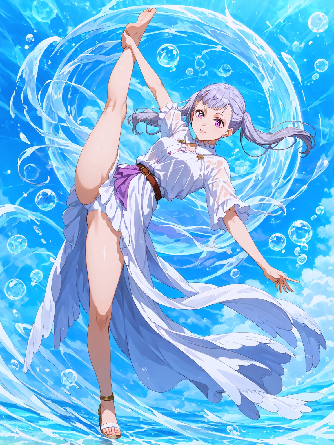 masterpiece, best quality, ultra-detailed, perfect hands, perfect anatomy, High detailed, detailed background, full body, No public hair, extremely pretty face, beautiful face, ultra-detaild face, cute and round face, Shiny silver hair, casual, ultra-detailed eyes, round eyes,twintail hair, purple eyes,

[BREAK]
1 girl ,Noelle silva, standing split,

(Exact finger count, beautiful and delicate and ultra-detailed finger, 1 of the 5 fingers is a thumb ,hand is beautiful and  natural shape), 
beautiful face, ultra-detailed eyes, detailed hands, score_9, score_8_up,score_7_up, detailed fingers,