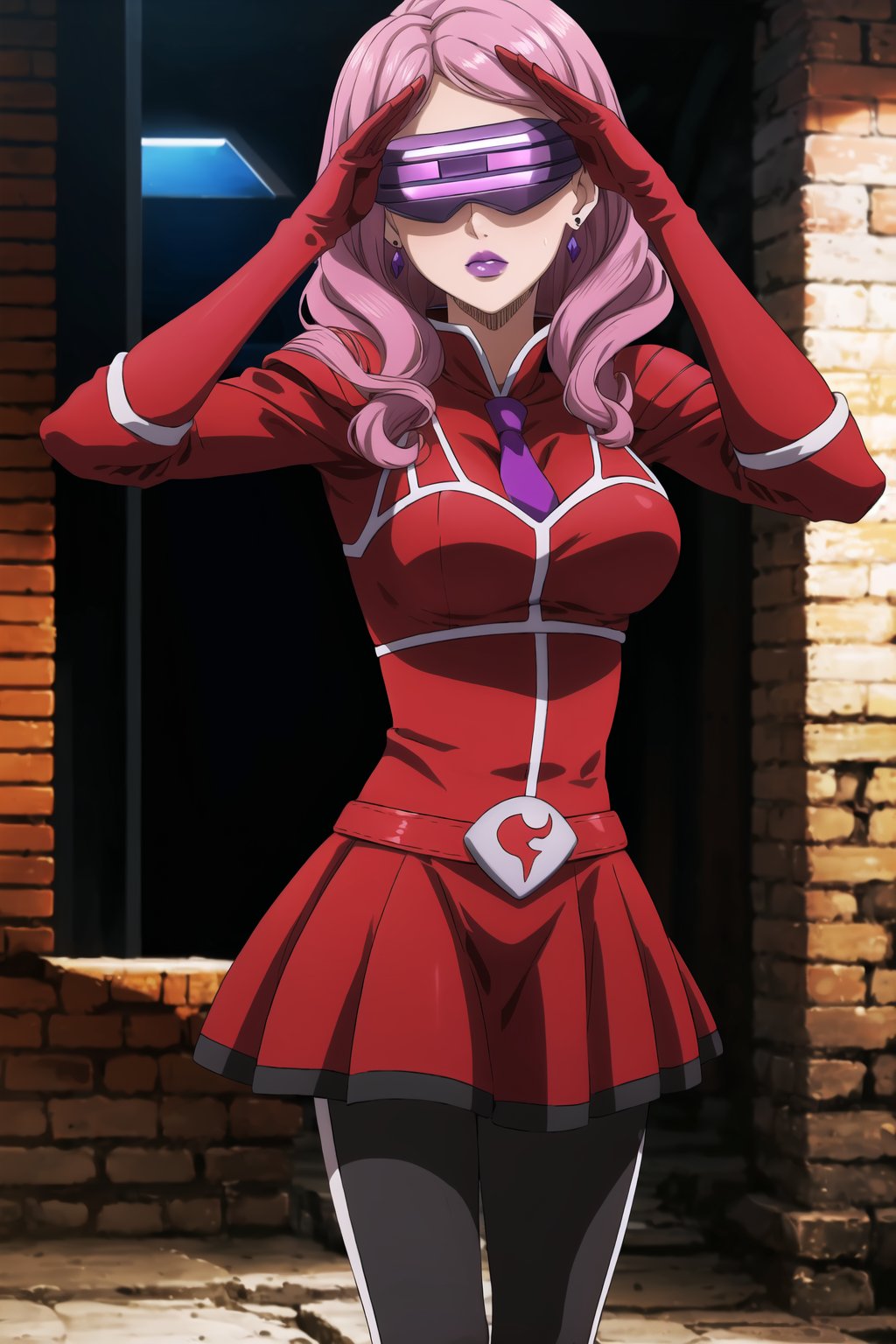 (best quality), (highly detailed), masterpiece, (official art),Vanessa, jewelry, earrings, long hair, pink hair,, mature_female, 1girl, solo, ((head-mounted display)), ((purple lips:1.2)), (team flare:1.2),  gloves,((armor, juliet_sleeves:1.2)), long_sleeves , pleated skirt,  necktie, red dress, belt, red dress, (pantyhose, red footwear1.2), (lips:1.2), ((arms at sides)),, cowboy shot, looking at viewer, indoors, blurry background,depth of field, best quality, masterpiece, intricate details, tonemapping, sharp focus, hyper detailed, trending on Artstation, salute,nozomi toujou