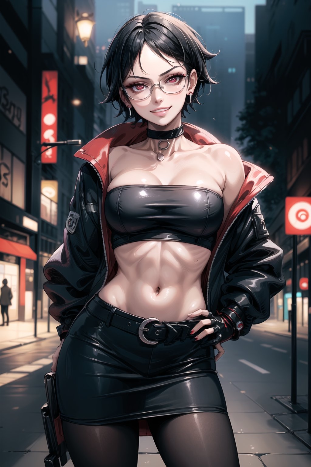 ((best quality)),  ((highly detailed)),  masterpiece,  ((official art)),  detailed face,  beautiful face,  (detailed eyes,  deep eyes),(science fiction, cyberpunk, street,dark background),((smirk, grin, naughty face, seductive smile, smug, arm behind head, hand_on_own_hip, head_tilt)),, ,cowboy shot,(lips), ,sarada, (mangekyou sharingan:1.2), jewelry, earrings , choker, glasses, swept bangs,  (red eyes),  cross-laced clothes, (spiked bracelet), necklace, corset, bustier, hoop earring, curvaceous, voluptuous body, navel, (makeup:1.3) (lips:1.3), (latex), (black top), (black tube top:1.2), gloves, fingerless gloves, jacket, skirt, black choker, black leather jacket, (dark jacket), belt, pencil skirt, pantyhose, open jacket, miniskirt, (black skirt), black gloves, black legwear, black choker, medium breast, conspicuous elegance, snobby, upper class elitist, possesses an arroaant charm. her Dresence commands attention and enw, (intricately detailed, hyperdetailed), blurry background, depth of field, best quality, masterpiece, intricate details, tonemapping, sharp focus, hyper detailed, trending on Artstation, 1 girl, solo, high res, official art,