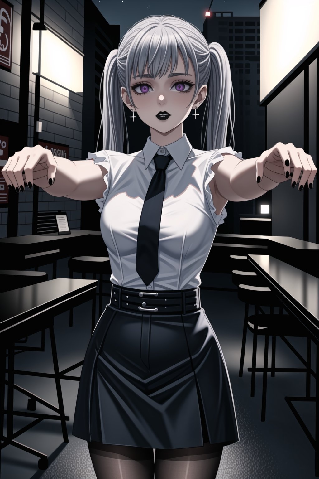 ((best quality)),  ((highly detailed)), ((zombie walk, mind control, looking at viewer)),  masterpiece,1girl, 1girl, (lips) , (black lips:1.2) ,nail polish, solo,  alternate_costume, (white shirt), necktie, shirt, sleeveless_shirt, collared shirt, pencil_skirt, high_waist_skirt, belt, black_skirt,  miniskirt, black_legwear, pantyhose,  (earrings), black nails, looking at viewer, standing, cowboy shot, bar,outdoor,lamp,nigth,space, office:1.3 ,noelle_silva, silver hair,purple eyes, twintails, bangs, earrings, jewelry,,,,zombie walk,<lora:659111690174031528:1.0>