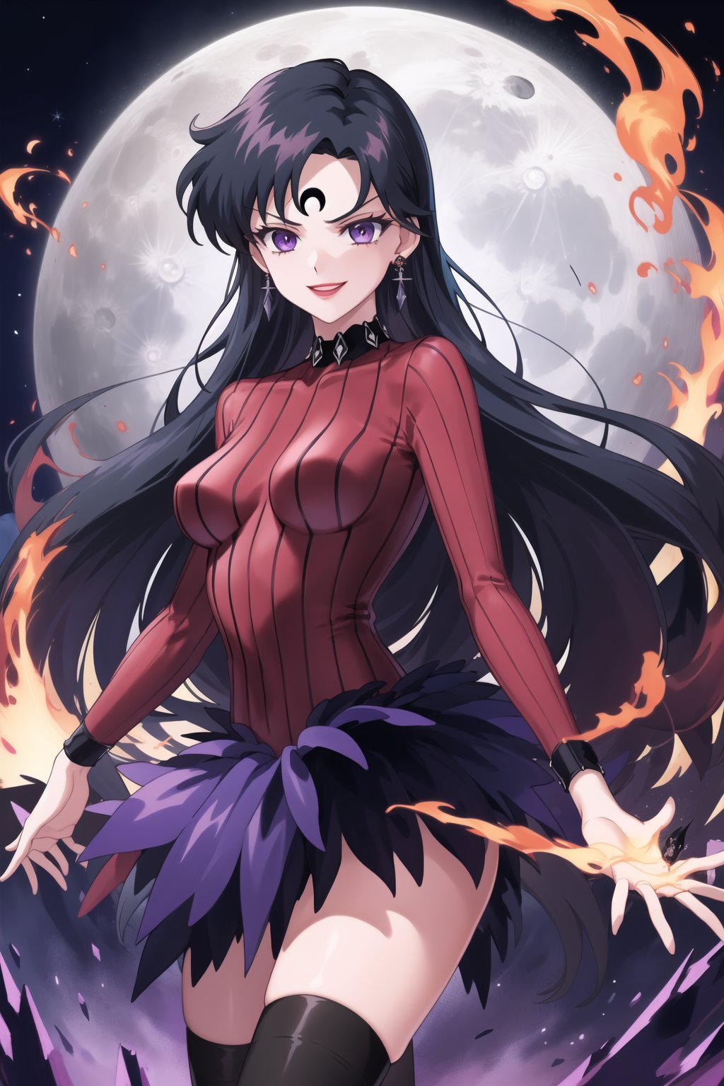 (best quality), (highly detailed), masterpiece, (official art),sama1, long hair, black hair, bangs , makeup, ((black moon, forehead mark, crescent facial mark, black crystal earrings)), jewelry, aged up, evil smile, lips, lipstick, posing, anime coloring, bodysuit:1.2,koan, sweater, striped, purple collar, long sleeves, layered skirt, stockings, forehead jewel,crystal, pyrokinesis, fire, floating_object, energythighhighs, medium breasts. blue thighhighs, A dark and mysterious female character inspired by the style of classic anime. She has an evil face with an evil smile, giving her an imposing and intimidating presence. The overall atmosphere is dark and mysterious, with a sense of power and control emanating from her posture.,