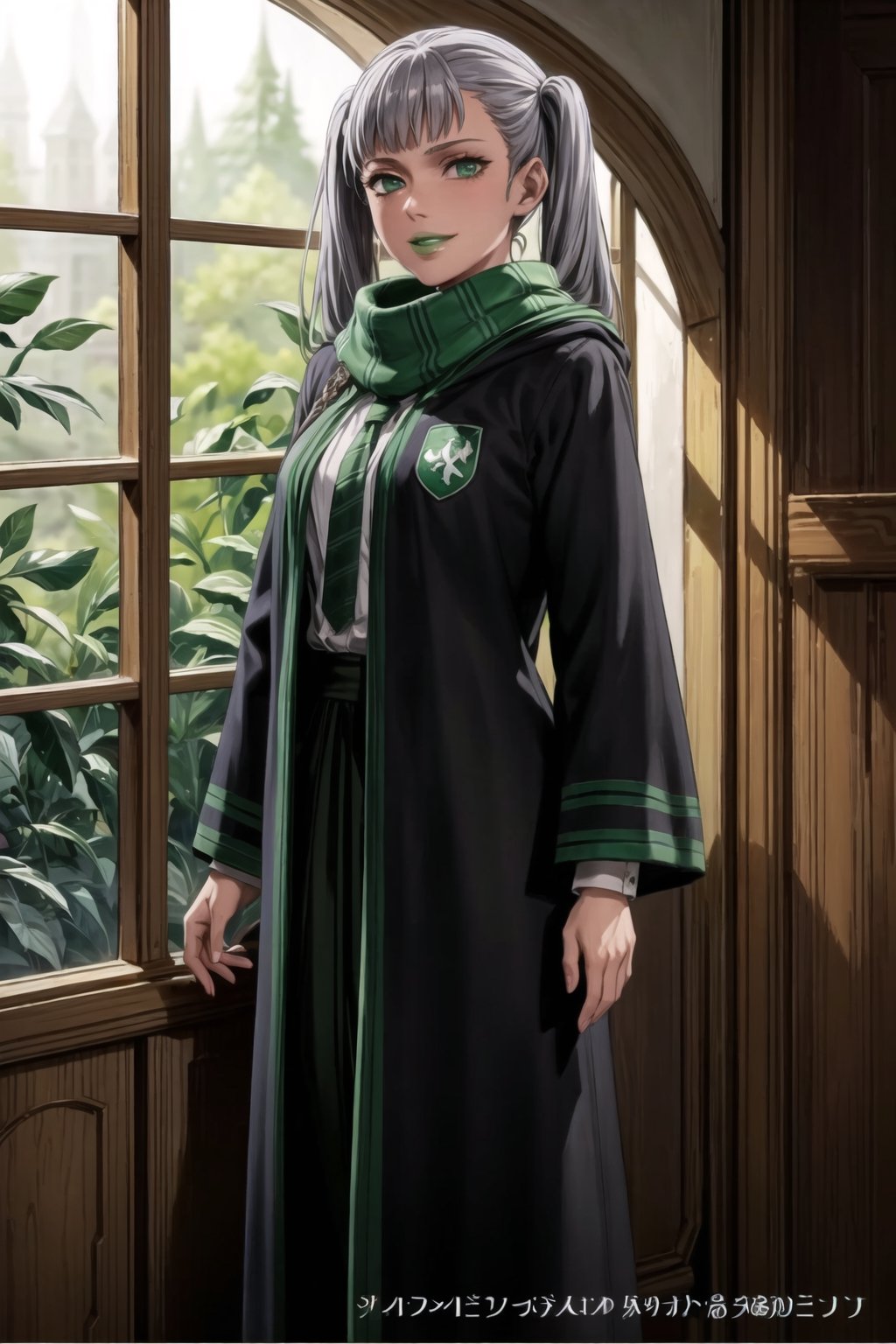 (best quality), (highly detailed), masterpiece, (official art),noelle_silva, twintails, bangs, silver hair , light green eyes, , hogrobe, (black robe,slytherin), green tie, hogscarf, magic, (green lips), (lips,evil smile), (best quality), (highly detailed), masterpiece, (official art), green eyes
