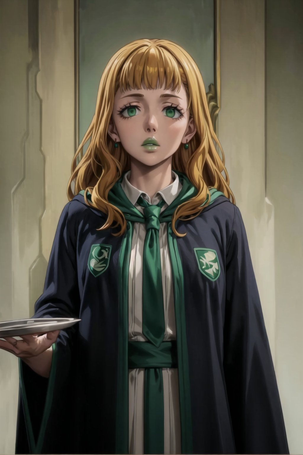 (best quality), (highly detailed), masterpiece, (official art),mimosa vermillion, orange hair, wavy hair , light green eyes, , ((hogrobe)), ((black robe,slytherin)), green tie, magic, (green lips), (lips:1.2), holding tray, tray, earrings, jewlery, expressionless, (best quality), (highly detailed), masterpiece, (official art), green eyes ,(empty eyes), green eyes,b1mb0