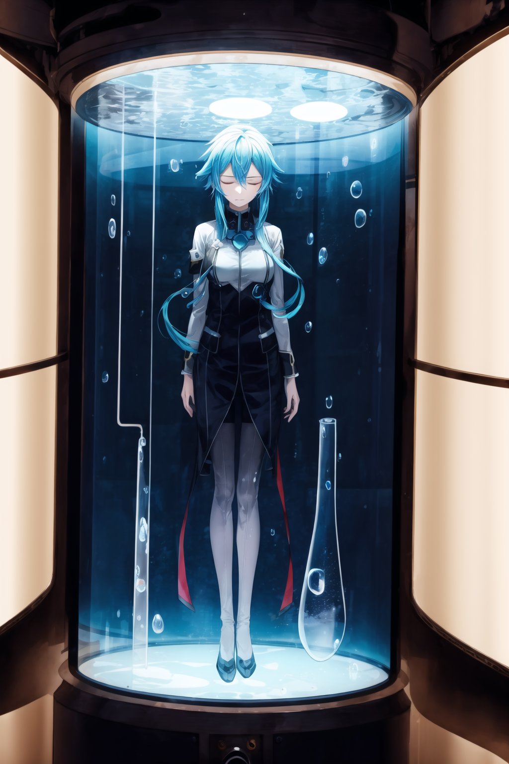 In a futuristic laboratory, Sinon floats serenely in a stasis chamber within a cylindrical, transparent glass enclosure, surrounded by luminescent blue liquid and delicate bubbles. Her blue hair drifts gently around her, as her expression remains peaceful and eyes closed. The glass is slightly fogged from condensation, adding realism to the scene. Outside the chamber, shadowy figures of scientists observe and record data, their faces obscured, hinting at a larger experiment.