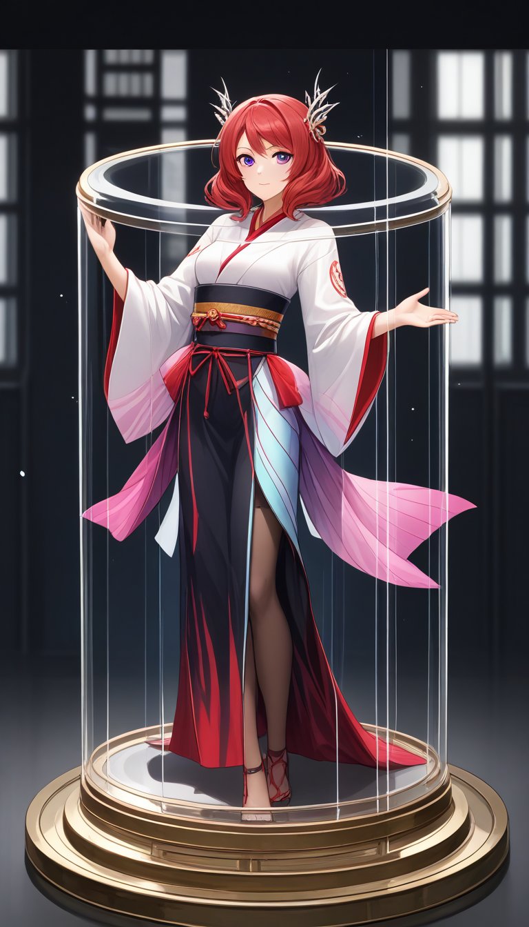 score_9, score_8_up, score_7_up, Display case, lovelive_maki, maki nishikino, red hair, maki as doll, ultra Realistic,Extreme Detailed,beautiful Prism light,stardust,rainbow-colored light,
Glass made ultra Detailed transparent oiran Girl,ultra transparent,wearing luxury high-tech kimono,walk,
dancing oiran,in container,Containment Tube