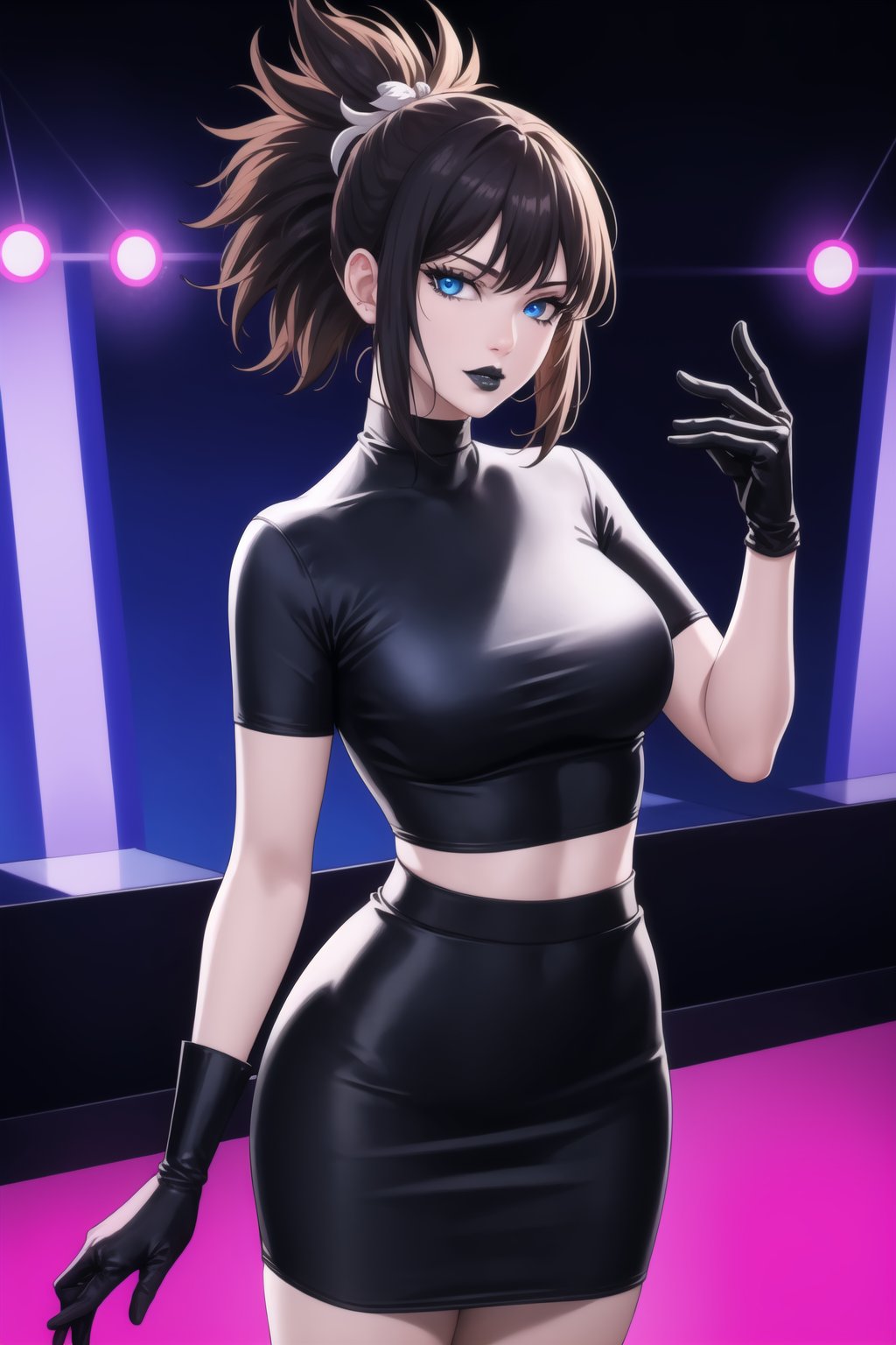 (best quality), (highly detailed), masterpiece, (official art),  kohaku, black hair:1.2, blue eyes, hair ornament, ponytail, solo,  lips:1.2, black lips:1.4, lipstick:1.2, skirt, black turtleneck shirt, black shirt, latex:1.2, gloves, pencil_skirt, shirt, black gloves, standing, looking at viewer, breasts, black skirt, looking at viewer, (/nightclub scene, neon lights), , club, (nigth club), ,hd quality, perfect face ,realistic, realistic body , perfect face sync,night club,StandingAtAttention,marinette,night club,b1mb0, 