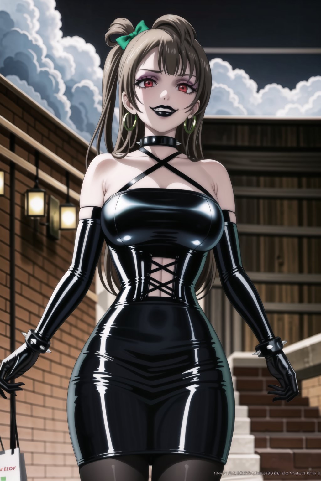 ((best quality)),  ((highly detailed)),  masterpiece,(Black lips:1.4), (white skin:1.4), ((official art)),  detailed face,  beautiful face, (cross-laced clothes:1.3), narrow_waist:1.3, dominatrix:1.4 , (intricate Black dress:1.4), (detailed eyes,  deep eyes),science fiction, cyberpunk:1.3, street, shopping, pose:1.3, smoke:1.3, holding cigarette:1.3, smoking:1.2,((smirk, grin, naughty face, seductive smile, smug)) ,cowboy shot,(lips), minami kotori, long hair,  bangs, hair bow, green bow, (red eyes:1.3),   (spiked bracelet), corset:1.4, (black hoop earring:1.3), curvaceous, voluptuous body, (makeup:1.5) (lips:1.3), (latex:1.3),  (black tube top:1.2), gloves,(elbow gloves:1.2), skirt, black choker, pencil skirt, pantyhose, miniskirt, (black skirt), black gloves, black legwear, black nails,large breasts:1.2, (intricately detailed, hyperdetailed), blurry background, depth of field, best quality, masterpiece, intricate details, tonemapping, sharp focus, hyper detailed, trending on Artstation, 1 girl, solo, high res, official art,RockOfSuccubus,,kotori minami,minami kotori,,<lora:659111690174031528:1.0>