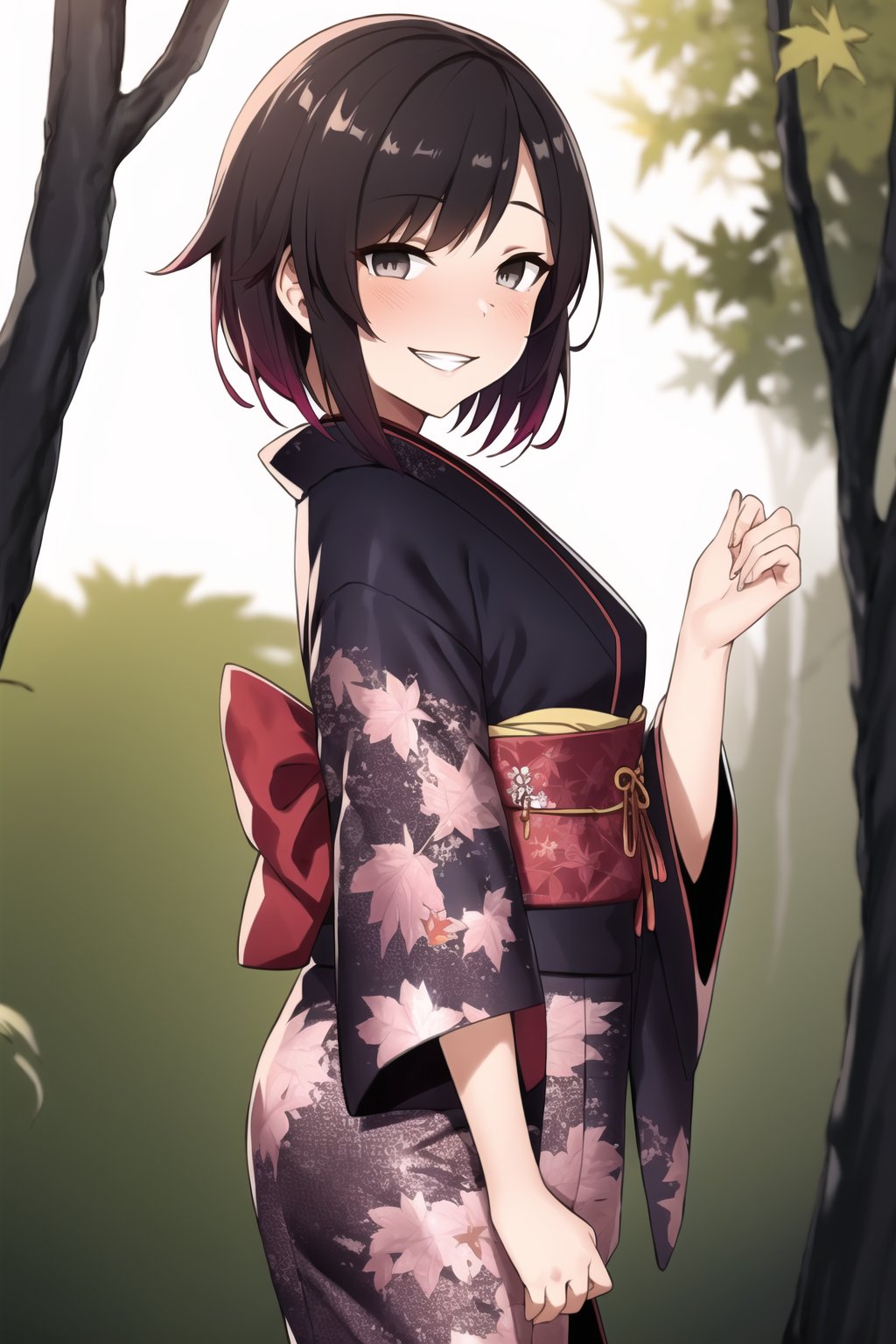 ((best quality)), ((highly detailed)), masterpiece, 1 girl, ruby rose, short hair, BREAK, grin, smirk, kimono, momiji, maple_leaves, japanese maple tree, minimalism, (cowboy shot:1.2), standing, , intricately detailed, hyperdetailed, blurry background, depth of field, best quality, masterpiece, intricate details, tonemapping, sharp focus, hyper detailed, trending on Artstation, 1 girl, high res, official art,