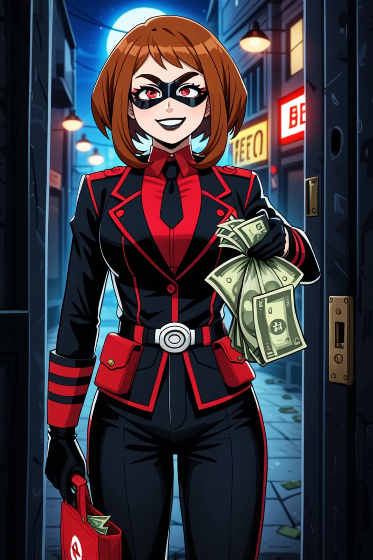 score_9, score_8_up, score_7_up, intricate details,1girl, malicious expression, sadistic grin, villainous attitude,lips, black lips, grin, red eyes, smirk, evil smile,1girl, Ochako Uraraka, black hair with red tips, bank heist, thief outfit, loose black jacket, cargo pants, wearing a domino mask, holding bag of money, holding handgun, gun, handgun, bank robbery, levitating money bags, vault door open, thief outfit, wearing a domino mask, carrying a large money bag, exiting a bank vault, broken safe in the background, dark gloves, quick getaway, alarm lights flashing, dimly lit scene, red emergency lighting, cautious posture, money spilling from bag, night-time heist, dark alley, tense atmosphere,(ncursioDipDyedHair,red IncursioDipDyedHair