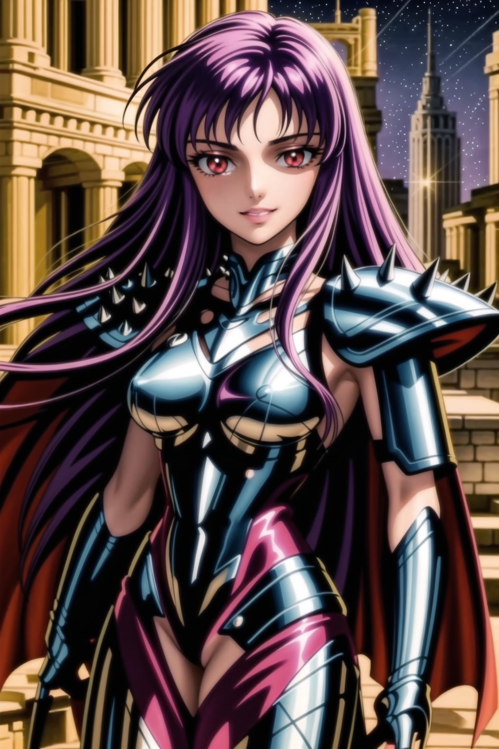 (best quality), (highly detailed), masterpiece, (official art), Saori, long hair, ((purple hair)), ((red eyes)), lips, (( evil smile)),((( black cape, nigth))),  ((black armor, bodysuit, shoulder armor, spikes, pauldrons, black bodysuit )), outdoors, temple, (intricately detailed, hyperdetailed), blurry background,depth of field, best quality, masterpiece, intricate details, tonemapping, sharp focus, hyper detailed, trending on Artstation,1 girl, solo,high res,official art,<lora:659111690174031528:1.0>