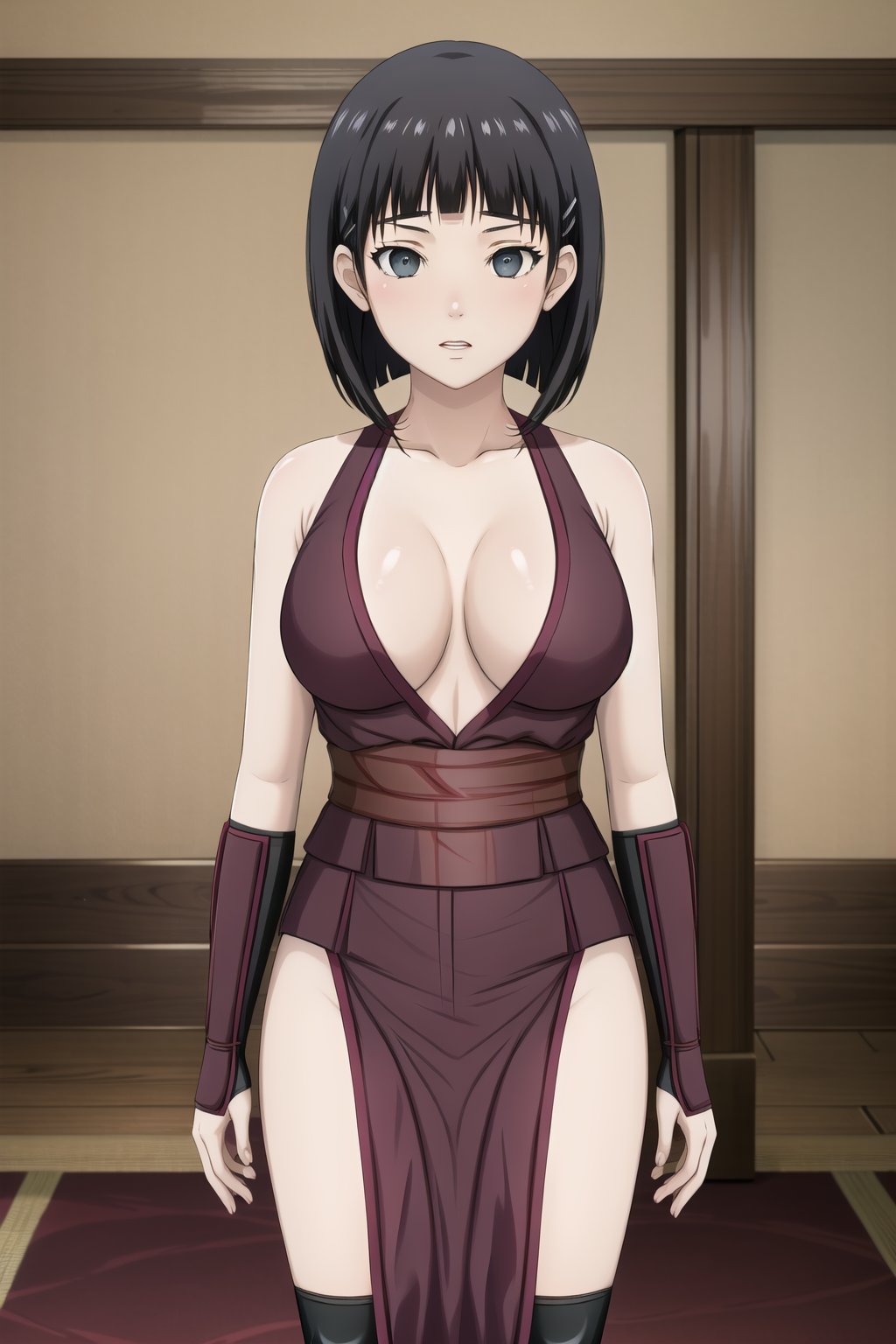 masterpiece,best quality,highres,ultra-detailed,suguha, short hair, black hair, bob cut, hairclip, hair ornament, blunt bangs,, empty eyes:1.3,  breasts,  solo, ninja, cleavage, thighhighs, pelvic curtain, gloves, fishnets, large breasts, japanese clothes,  bare shoulders, sash,  (indoors:1.2), (royal room:1.2), (latex), standing, StandingAtAttention,b1mb0,night club