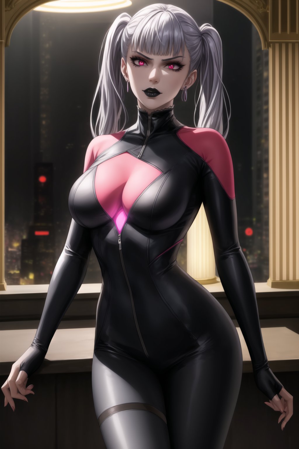 ((Best quality)), masterpiece, realistic illustration of a villainous noelle_silva, silver hair, twintails, blunt bangs:1.2, jewelry. She has glowing pink eyes and red eyes, ,with hoop earrings and black lipstick. Realistic illustration of a villainous ,neon ligth,black supersuit,  cyberpunk,dancing, dance, red eyes, black lipstick, hoop earring, neon suit, high quality, realism, detailed, city lights casting dramatic shadows, fierce and intense gaze, sleek design, professional, atmospheric lighting, villainous twist, ultra realistic, cinematic, octane render, photo realistic, detailed, hyper realism, with neon city lights casting dramatic shadows through the windows, creating an atmospheric lighting. 
The cityscape outside is detailed, with glowing signs and bustling streets. Her fierce and intense gaze, combined with the sleek design of her outfit, gives her a professional yet villainous twist. The scene is ultra-realistic, cinematic, with octane render and photo-realistic details, capturing the essence of hyper realism.,b1mb0,makeup,