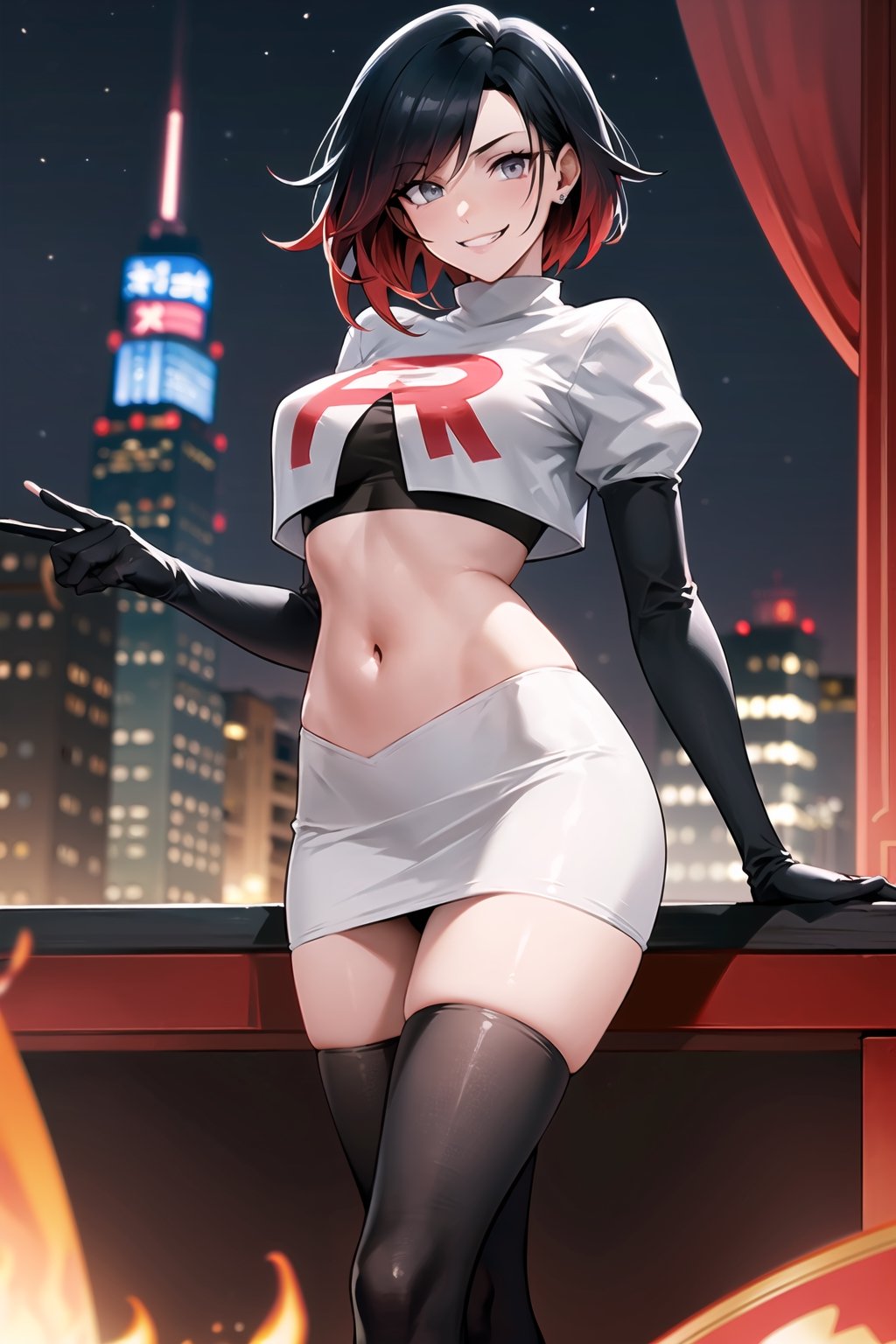 (best quality), (highly detailed), masterpiece, (official art), (ruby rose:1.2), posing, ( evil smile:1.2), Team Rocket, cropped jacket, white jacket, crop top, jacket, gloves, black gloves, elbow gloves, navel, midriff, white skirt, miniskirt, skirt, thighhighs,, looking at viewer, china, asiática, city, night, sky, (intricately detailed, hyperdetailed), blurry background,depth of field, best quality, masterpiece, intricate details, tonemapping, sharp focus, hyper detailed, trending on Artstation,1 girl, high res, official art