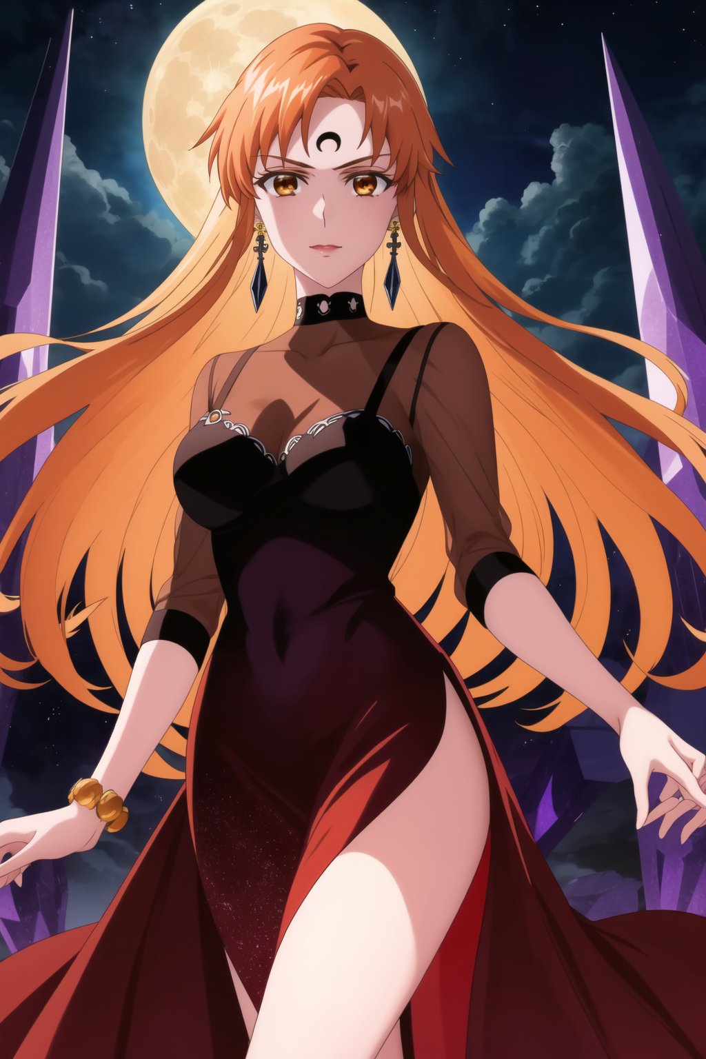 (best quality), (highly detailed), masterpiece, (official art),asuna yuuki, long hair, orange hair, red hair, brown eyes, looking at viewer,  dress, jewelry, see-through, facial mark, moon,  aged up, forehead mark, crescent facial mark, crystal earrings