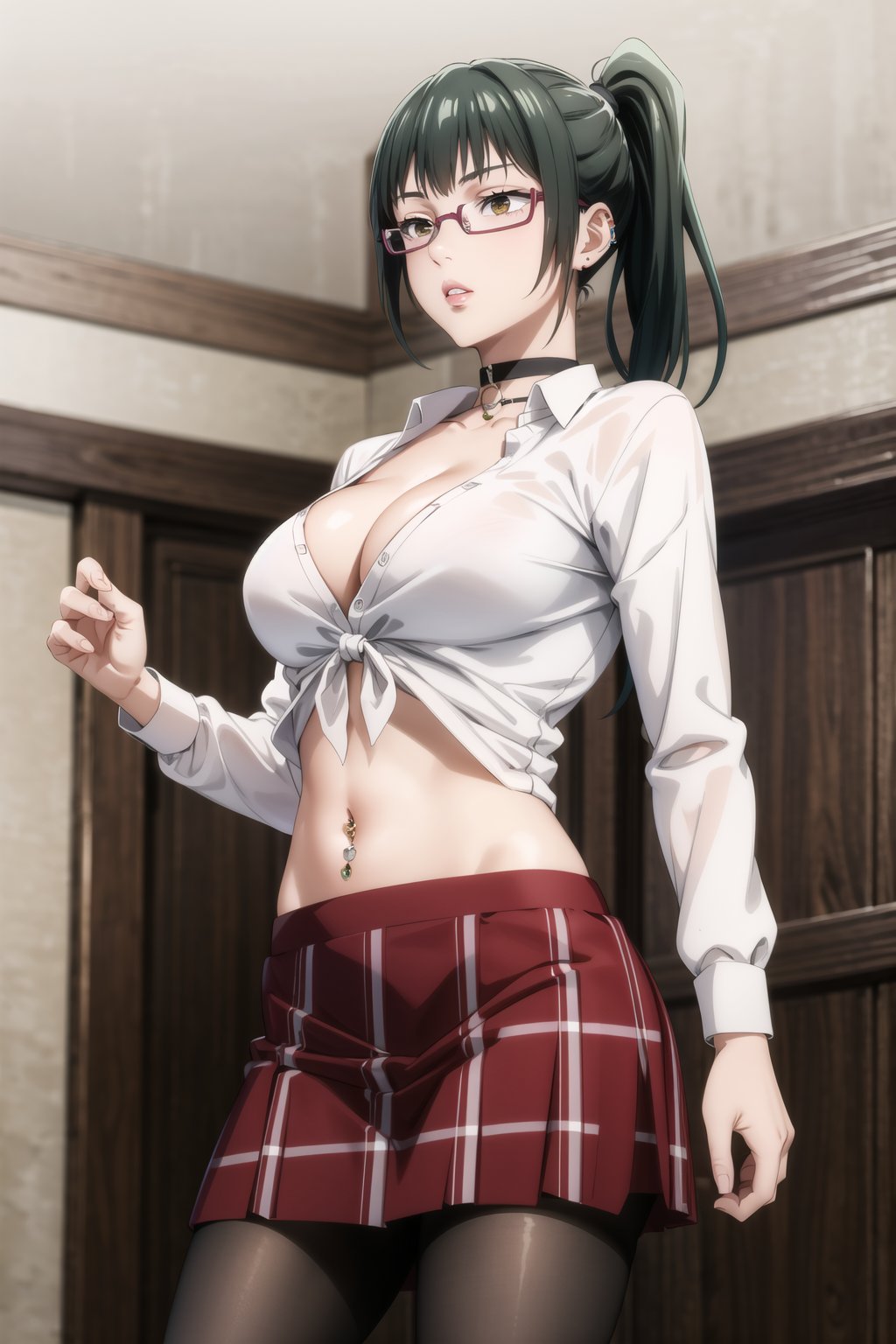 masterpiece,best quality,highres,ultra-detailed, zenin_maki, green hair, brown eyes, ponytail, glasses, bangs, white shirt, skirt, large breasts, navel, cleavage, pantyhose,  choker, midriff, miniskirt, lips, plaid, red plaid skirt, piercing, fishnets,  fishnet pantyhose, white tied shirt:1.2, navel piercing, , standing, StandingAtAttention,