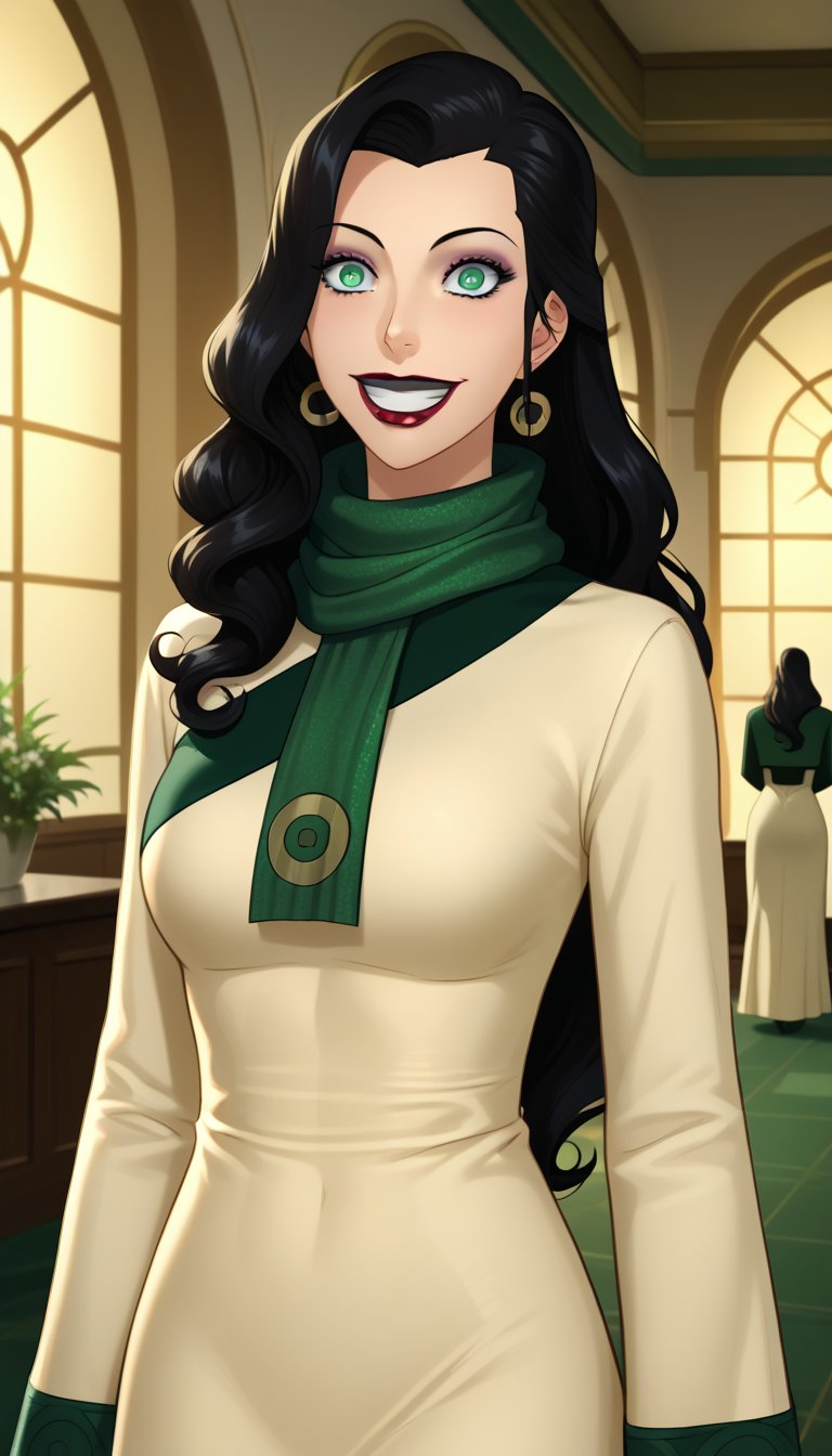 score_9, score_8_up, score_7_up, intricate details,1girl, Long hair, black hair, lipstick, asami,, indoors,joo dee, dress, scarf, hair ornament, grin, smile, lips, joo dee,  full body,long dress, green scarf, beige dress, teeth,makeup,wide-eyes, eyeshadow