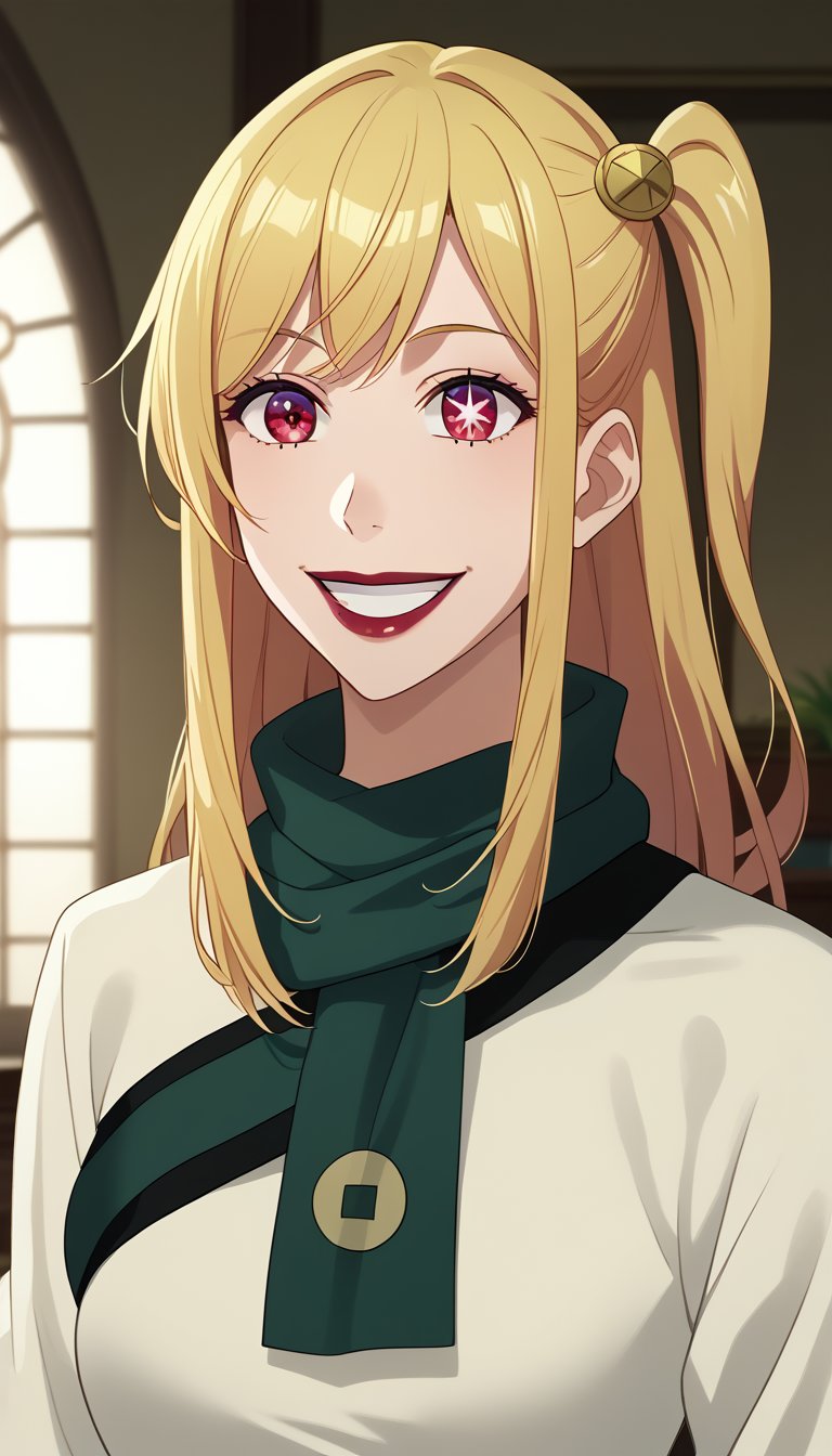 score_9, score_8_up, score_7_up, intricate details,1girl, hoshino ruby, blonde hair, long hair, one side up, red eyes, mismatched pupils, star-shaped pupils, red lips,white dress, indoors,joo dee, dress, scarf, hair ornament, grin, smile, lips, joo dee,  full body