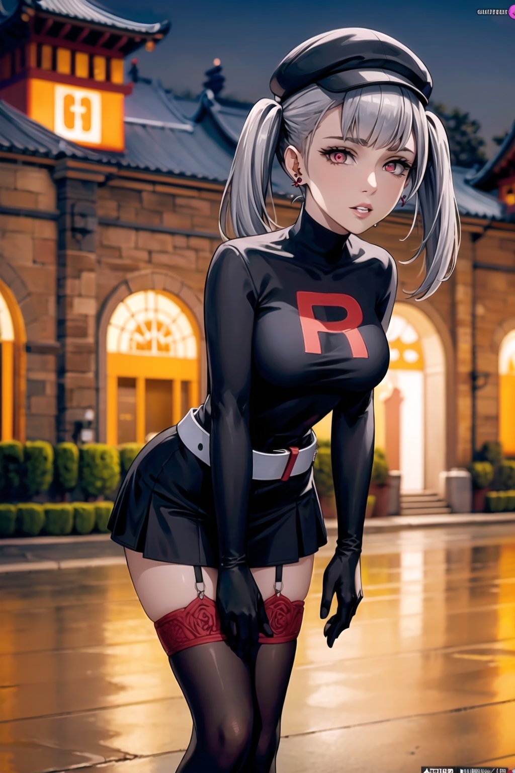 (best quality), (highly detailed), masterpiece, (official art), noelle_silva, silver hair,red eyes, twintails, bangs, earrings, jewelry, black headwear, cabbie hat, hat, ((Slouching, leaning forward)), lips, ( parted lips), ,Grunt Team Rocket, dress, black dress, long sleeves, gloves, elbow gloves, belt, grey belt, skirt, thighhighs, looking at viewer, china, asiática, city, night, sky, (intricately detailed, hyperdetailed), blurry background,depth of field, best quality, masterpiece, intricate details, tonemapping, sharp focus, hyper detailed, trending on Artstation,1 girl, high res, official art,Slouching