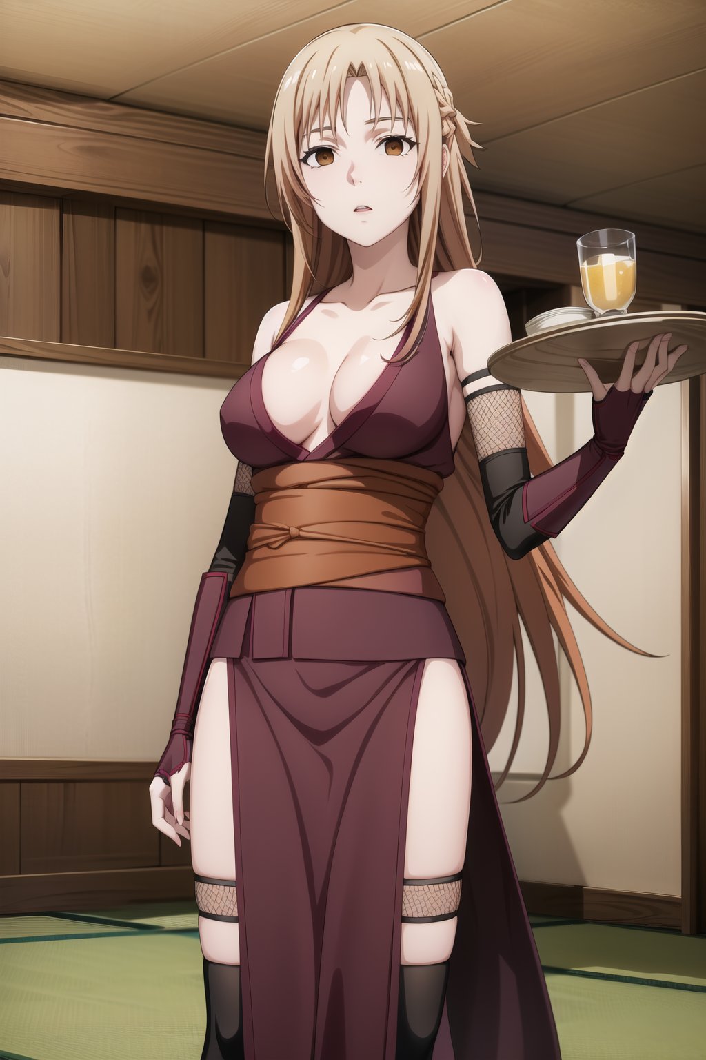 masterpiece,best quality,highres,ultra-detailed,asuna yuuki, long hair, orange hair, brown eyes, empty eyes:1.3,  holding tray, tray:1.3, alcohol, breasts,  solo, ninja, cleavage, thighhighs, pelvic curtain, gloves, fishnets, large breasts, japanese clothes,  bare shoulders, sash,  (indoors:1.2), (royal room:1.2), (latex), standing, StandingAtAttention,b1mb0,night club,lemon0021,,asuna yuuki,holding_tray,aaasuna,ninja