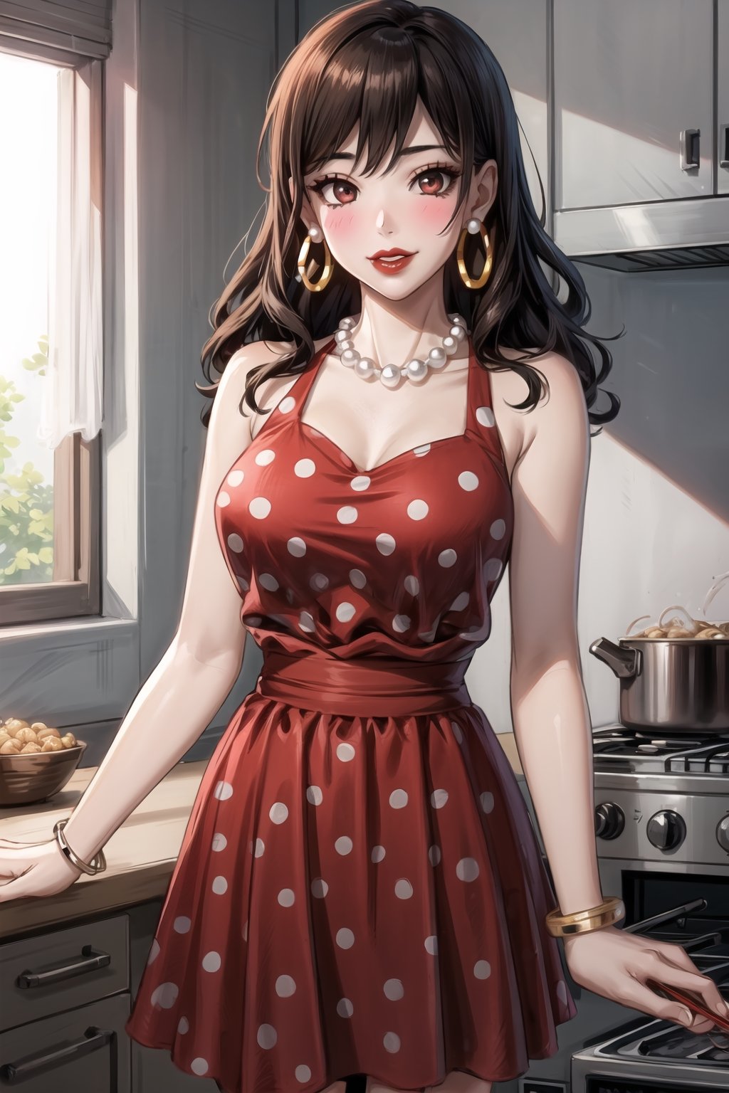 ((best quality)),  ((highly detailed)),  masterpiece,1girl, 1girl,  seductive smile, solo,   (Stepford),lips, makeup, lipstick,red lips, (pose),(polka dot:1.4), (polka dot dress:1.4),(pearl necklace:1.2), pearl bracelet, bare shoulders,(red dress:1.2),aroused, blush ,standing,  (large pearl necklace), (hoop earrings:1.2), looking at viewer, standing, cowboy shot, fingernails, kitchen, cooking, indoors, house, windows, cortain, food, hori kyouko