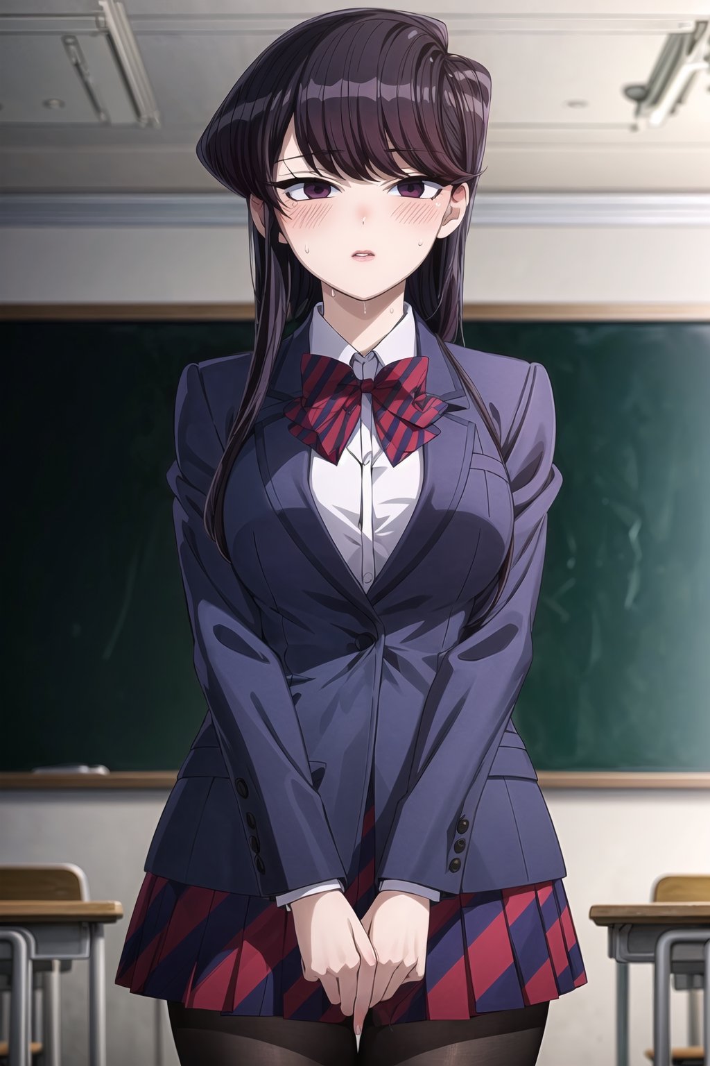 ((best quality)),  ((highly detailed)),  masterpiece,  ((official art)),  SK, lips, school, schoolroom, standing, chalkboard ,looking at viewer, (body trembling:1.3, scary:1.2, fear:1.2), ((sweat, weat,blush)), parted lips, dark blue blazer, striped bowtie, school uniform,  v arms, pantyhose, classroom, cowboy shot, school uniform, red skirt, red bow, blazer,,  girl,  indoors,  intricately detailed,  hyperdetailed,  blurry background, depth of field,  best quality,  masterpiece,  intricate details,  tonemapping,  sharp focus,  hyper detailed,  trending on Artstation, 1 girl,  high res,  official art,SK,StandingAtAttention