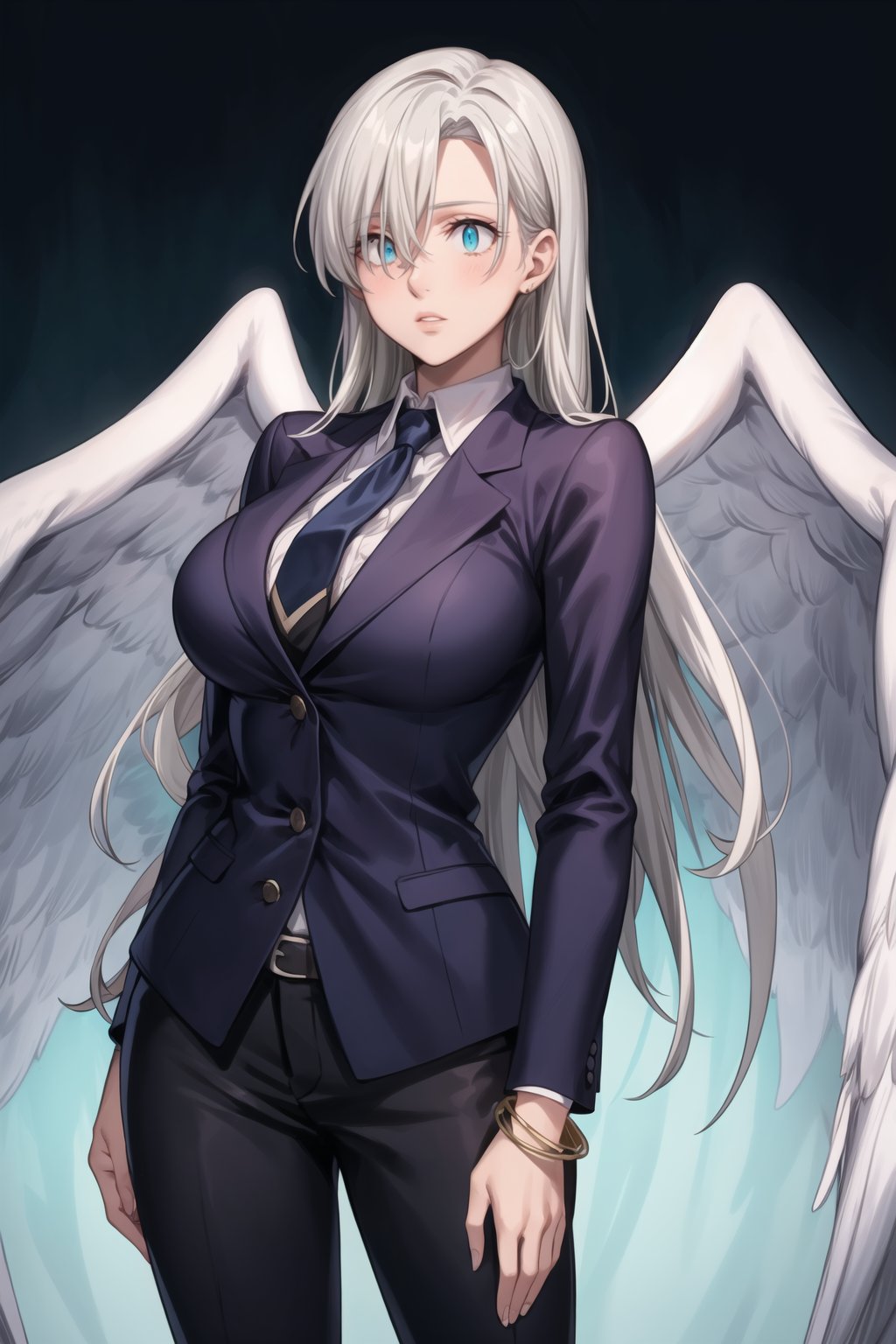 Elizabeth with long white hair and glowing eyes, lips:1.2, Elizabeth with long white hair and glowing blue eyes, dressed in a sleek, formal black suit. She wears a black jacket with notched lapels, a black necktie over a grey collared shirt, and black pants, exuding an air of authority and elegance. Her hair falls gracefully over her eyes, partially obscuring them, while her expression remains calm and composed. She has black gloves on her hands, one of which is raised slightly, and a delicate bracelet adorning her wrist.
She stands with an aura of power and confidence, looking directly at the viewer with an expressionless face. Her wings are subtly visible behind her, adding an ethereal touch to her otherwise professional appearance.