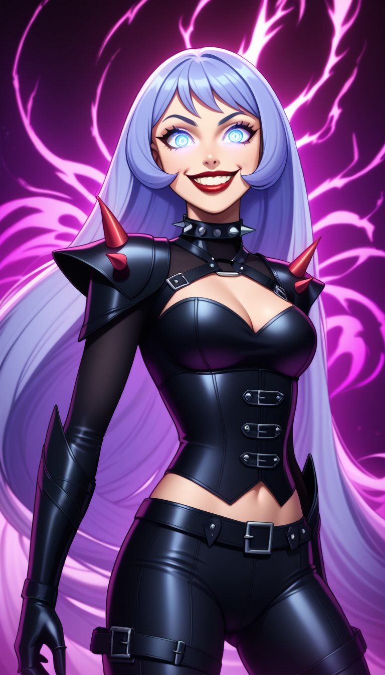 score_9, score_8_up, score_7_up, intricate details,1girl, nejire hado, solo, long hair, blue hair, flowing hair, luscious hair, jokerized, wide smile, evil grin, crazy eyes, teeth, red lips, shining glossy skin, constricted pupils, glowing eyes, sinister expression, wearing black leather corset, tight dark outfit, spiked shoulder pads, thigh-high boots, high heels, exposed midriff, body harness, leather straps, sharp claws, metallic accessories, dark energy, purple aura, black cape, flowing cape, torn cape, spiked choker, dark gauntlets, glowing veins, glowing purple lines, villainess, full body, dynamic lighting, high contrast, villainous aura, dramatic pose, smirk