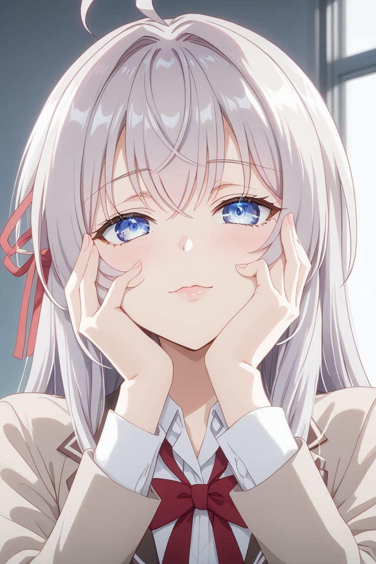  score_9, score_8_up, score_7_up,intricate details,alisa mikhailovna kujou,blue eyes,hair ribbon,grey hair,ahoge,red ribbon, bangs, long hair,  expressive eyes, perfect face, hands on own cheeks, hands on own face, yandere, yandere trance, thighhighs, school_uniform,