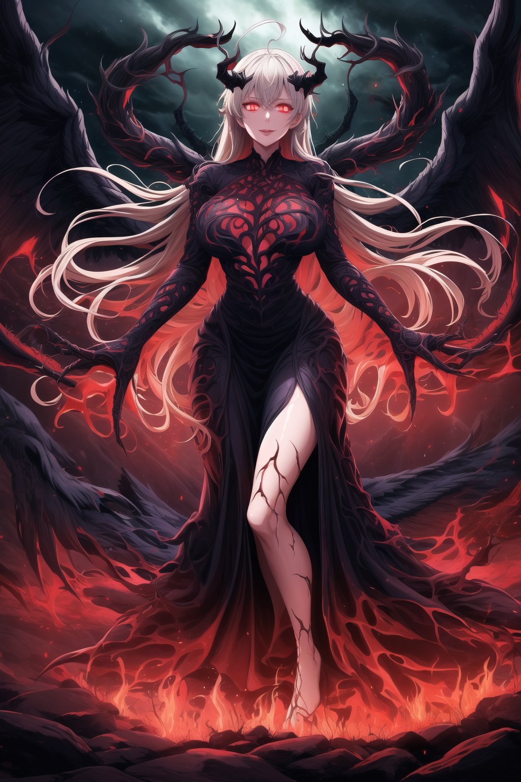 A masterpiece of dark fantasy: elizabeth, malevolent demon, lips curled into an evil smile, long flowing white hair cascading down her back like a fiery waterfall. Her delicate ahoge and intricate black gown billow softly as she floats amidst hell's fiery depths. Black wings spread wide behind her, emitting a darkness-infused light that adds to her ominous presence. Red eyes gleam with malevolent intent as she stands poised, arms outstretched in a violent welcome. Softly glowing fire illuminates her figure, while rays of dark light pierce the heavens above, casting an eerie glow on Rias' demonic form. The hellish landscape before her is bathed in red hues, as if infernal flames are breaking through to create this haunting atmosphere.