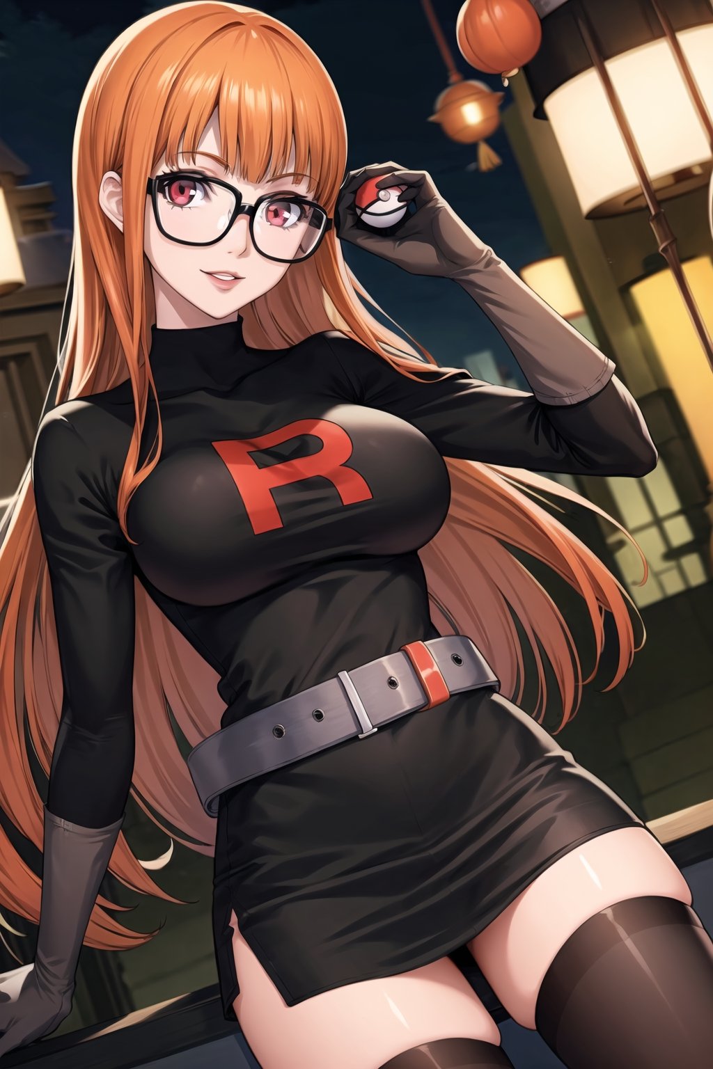 (best quality), (highly detailed), masterpiece, (official art), (dutch angle:1.2),(Persona5FutabaSakura, 1girl, solo, Orange hair, long hair, glasses), red eyes, lips, ( evil smile), lips, poke ball, poke ball (basic), holding poke ball, Grunt Team Rocket, dress, black dress, long sleeves, gloves, elbow gloves, grey belt,pencil skirt, Black thighhighs , looking at viewer, china, asiática, city, night, sky, (intricately detailed, hyperdetailed), blurry background,depth of field, best quality, masterpiece, intricate details, tonemapping, sharp focus, hyper detailed, trending on Artstation,1 girl, high res, official art