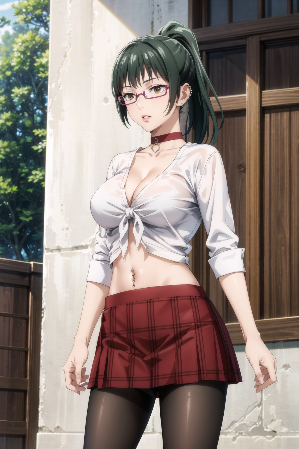 masterpiece,best quality,highres,ultra-detailed, zenin_maki, green hair, brown eyes, ponytail, glasses, bangs, white shirt, skirt, large breasts, navel, cleavage, pantyhose,  choker, midriff, miniskirt, lips, plaid, red plaid skirt, piercing, fishnets,  fishnet pantyhose, white tied shirt:1.2, navel piercing, , standing, StandingAtAttention,