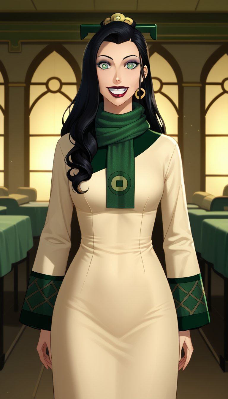 score_9, score_8_up, score_7_up, intricate details,1girl, Long hair, black hair, lipstick, asami,, indoors,joo dee, dress, scarf, hair ornament, grin, smile, lips, joo dee,  full body,long dress, green scarf, beige dress, teeth,makeup,wide-eyes, eyeshadow