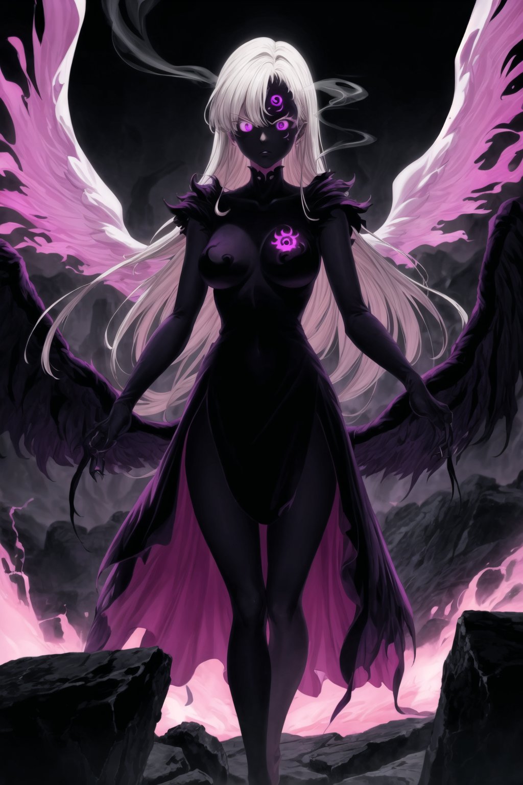 monochrome,greyscale,(tattoo,facial mark,aura,glowing,bodypaint,smoke,dark aura:1.2),1girl,long hair,medium breasts,black hair,angry,purple eyes,wings,claws,looking at viewer,nude,censored,armor,convenient censoring,Elizabeth, black hair, lips, ruler of hell, stands as a malevolent dictator, her long hair flowing like darkness itself, gradient from white to dark, framing her cold gaze. Her elaborate gown, adorned with sinister symbols and glowing red accents, reflects her dominance and cruelty. The background features a hellish landscape: rivers of lava, jagged rocks, tormented souls, and dark clouds with lightning. Eerie, red and black glows illuminate the scene, capturing the dark and oppressive atmosphere of her dominion.