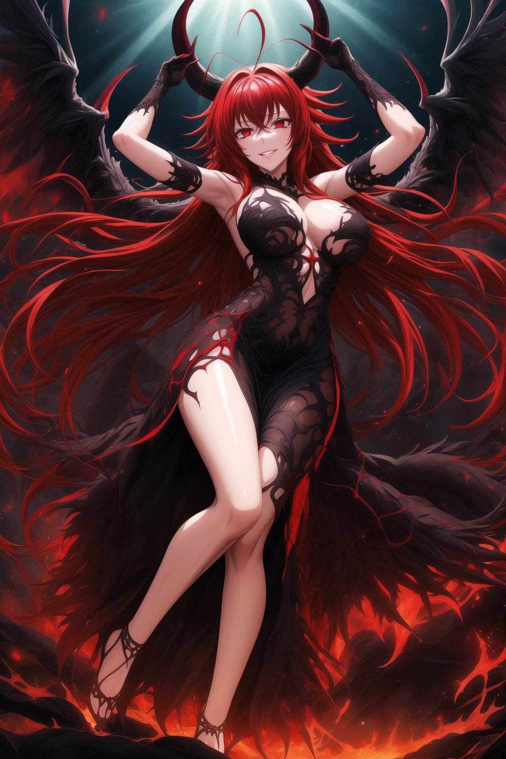 (best quality), (highly detailed), masterpiece, (official art), Rias Gremory as a malevole demon , lips evil smile, with long flowing red hair and a delicate ahoge, darkness black wings spread wide behind her. She is wearing a intricatr, elegant black gown that flows gracefully around her, softly billowing as she floats in the hell. Rias stands with her arms,as if welcoming you with a violento and demonic presence, her red eyes. Rays of dark light shine down from the heavens, illuminating her figure, while she hovers among soft, glowing fire. The hell with red rays breaking through, creating atmosphere. Her wings emit a darkness, ethereal light, adding to her demonic presence.