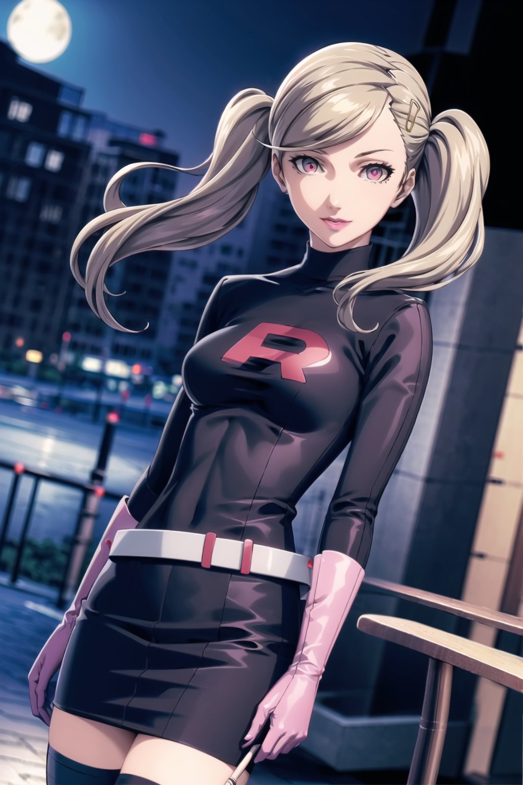 (best quality), (highly detailed), masterpiece, (official art), (dutch angle:1.2),(1girl, hair ornament, solo, hairclip, blonde hair, bangs, twintails), red eyes, lips, ( evil smile), lips, poke ball, poke ball (basic), holding poke ball, Grunt Team Rocket, dress, black dress, long sleeves, gloves, elbow gloves, grey belt,pencil skirt, Black thighhighs , looking at viewer, china, asiática, city, night, sky, (intricately detailed, hyperdetailed), blurry background,depth of field, best quality, masterpiece, intricate details, tonemapping, sharp focus, hyper detailed, trending on Artstation,1 girl, high res, official art,niijimamakoto