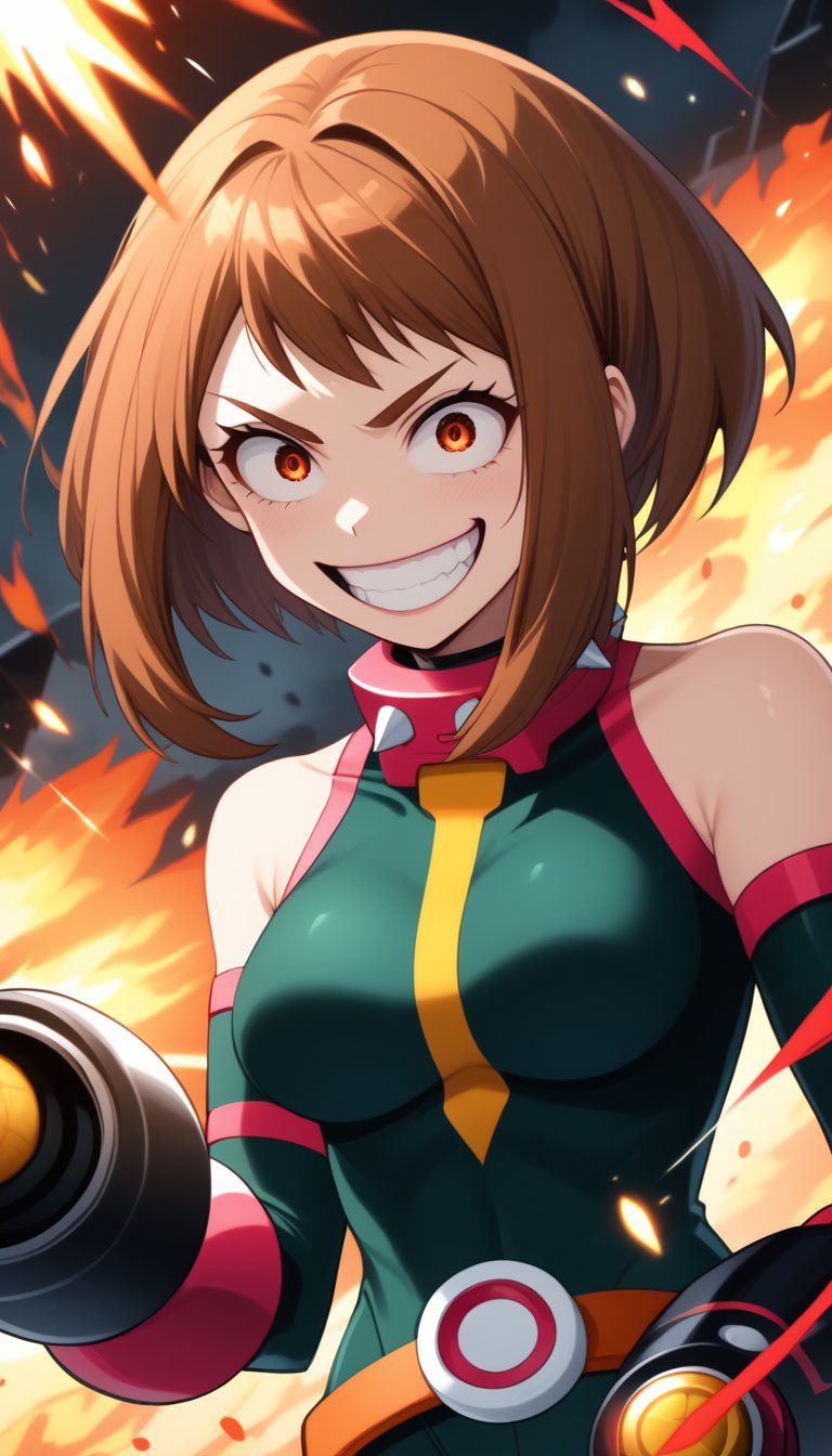 score_9, score_8_up, score_7_up, intricate details,1girl, ochako uraraka, solo, short brown hair, bob cut, evil grin, sharp teeth, malicious expression, crazy eyes, constricted pupils, black sclera, wearing bakugou's hero costume, black and orange bodysuit, exposed shoulders, spiked gauntlets, oversized grenade bracers, black combat boots, orange belt, tight suit, explosive accessories, spiked collar, villain aura, standing pose, flames in background, explosions, smoke, dark atmosphere, anime style, dynamic lighting, glowing embers, chaotic energy, destruction, confident stance, sadistic grin, villainous attitude