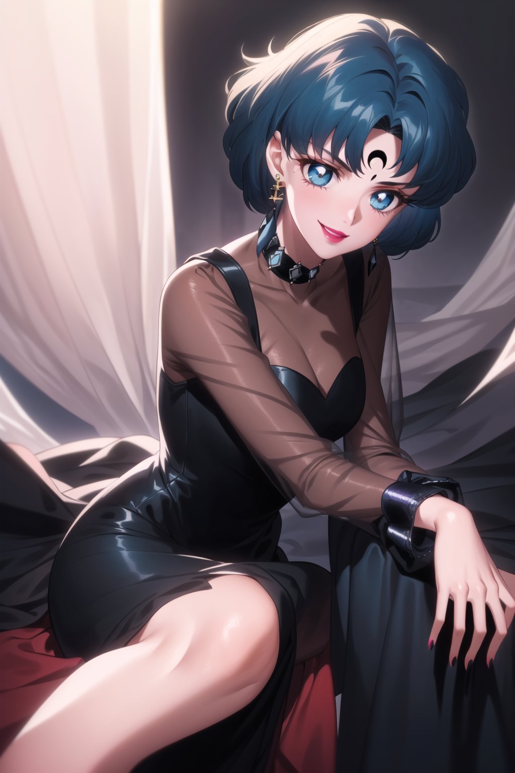 (best quality), (highly detailed), masterpiece, (official art), sailor mercury,short hair, blue hair, makeup, ((forehead mark, crescent facial mark, black crystal earrings)), aged up, evil smile, lips, lipstick, posing, anime coloring, ((black dress, long sleeves, see-through)), pink dress, side slit, 