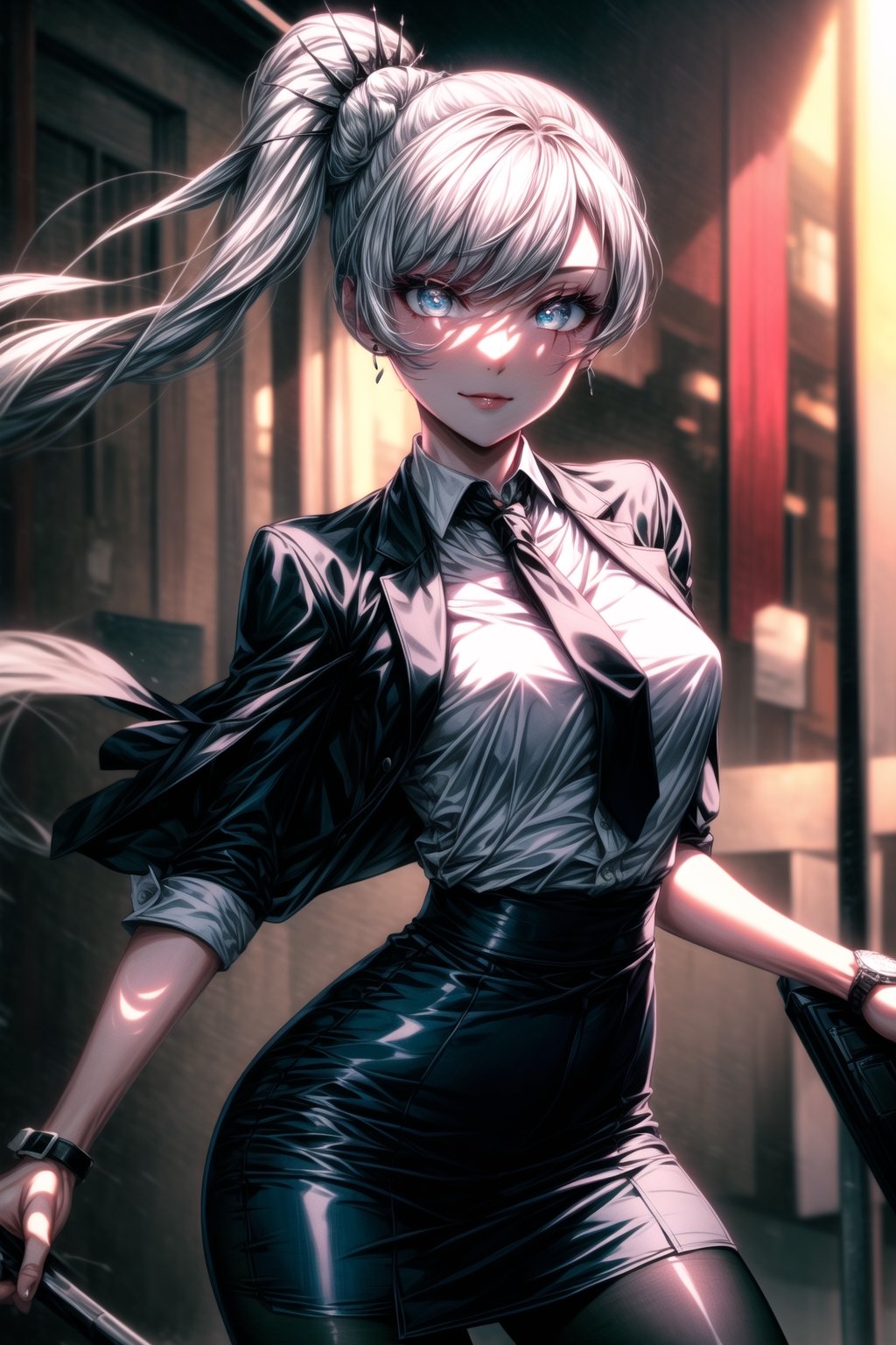 ((best quality)), ((highly detailed)), masterpiece, ((official art)),weiss schnee, side ponytail, scar across eye,white hair,outdoors,city,(glowing eyes),(floating hair),(high-waist skirt:1.2),(black skirt:1.2),(black necktie:1.1),(seductive smile),(closed mouth),(lips:1.2),jewelry, wristwatch, skirt, solo, (cowboy shot:1.2),standing, pencil skirt,  belt, (earrings:1.1), collared shirt, ,office lady,(formal:1.1), shirt tucked in, (skirt suit),black pantyhose, dress shirt, intricately detailed, hyperdetailed, blurry background,depth of field, best quality, masterpiece, intricate details, tonemapping, sharp focus, hyper detailed, trending on Artstation,1 girl, high res, official art,beautiful detailed eyes