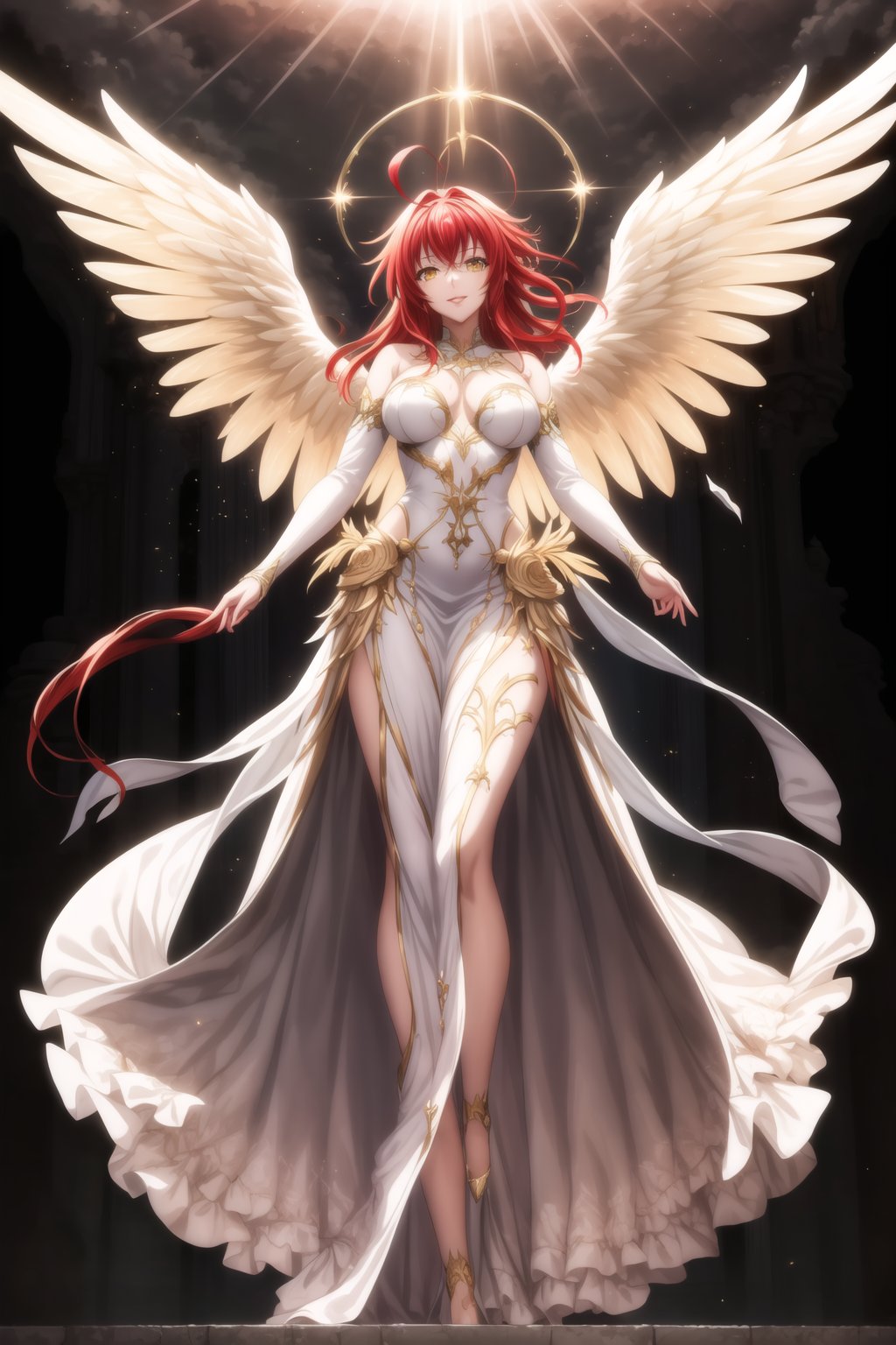 (best quality), (highly detailed), masterpiece, (official art), Rias Gremory as a serene angel, lips smile, with long flowing red hair and a delicate ahoge, luminous white wings spread wide behind her. She is wearing a simple, elegant white gown that flows gracefully around her, softly billowing as she floats in the sky. Rias stands with her arms gracefully open, as if welcoming you with a serene and benevolent presence, her yellow eyes. Rays of divine light shine down from the heavens, illuminating her figure, while she hovers among soft, glowing clouds. The sky is a serene blend of soft pastels, with golden rays breaking through, creating a heavenly and peaceful atmosphere. Her wings emit a gentle, ethereal light, adding to her angelic presence.