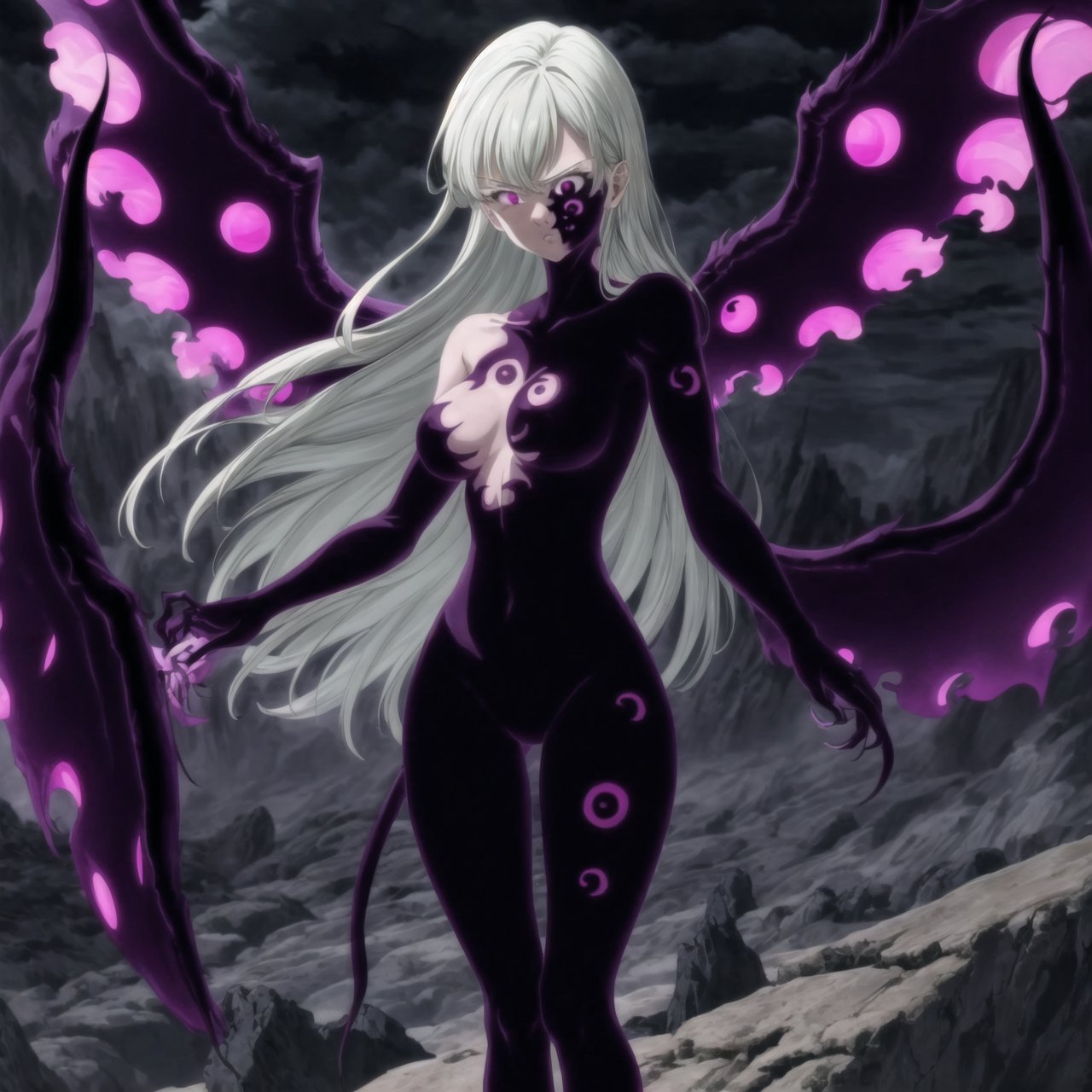 (tattoo,facial mark,aura,glowing,bodypaint,smoke,dark aura:1.2),1girl,long hair,medium breasts,black hair,angry,purple eyes,wings,claws,looking at viewer,nude,censored,armor,convenient censoring,Elizabeth, black hair, lips, ruler of hell, stands as a malevolent dictator, her long hair flowing like darkness itself, gradient from white to dark, framing her cold gaze. Her elaborate gown, adorned with sinister symbols and glowing red accents, reflects her dominance and cruelty. The background features a hellish landscape: rivers of lava, jagged rocks, tormented souls, and dark clouds with lightning. Eerie, red and black glows illuminate the scene, capturing the dark and oppressive atmosphere of her dominion.