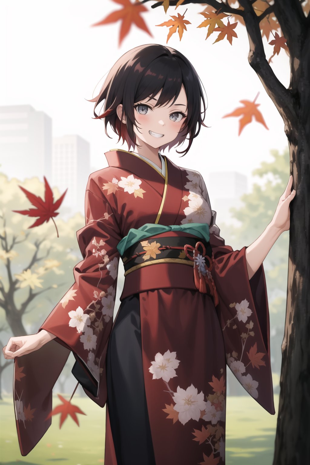 ((best quality)), ((highly detailed)), masterpiece, 1 girl, ruby rose, short hair, BREAK, grin, smirk, kimono, momiji, maple_leaves, japanese maple tree, minimalism, (cowboy shot:1.2), standing, , intricately detailed, hyperdetailed, blurry background, depth of field, best quality, masterpiece, intricate details, tonemapping, sharp focus, hyper detailed, trending on Artstation, 1 girl, high res, official art,