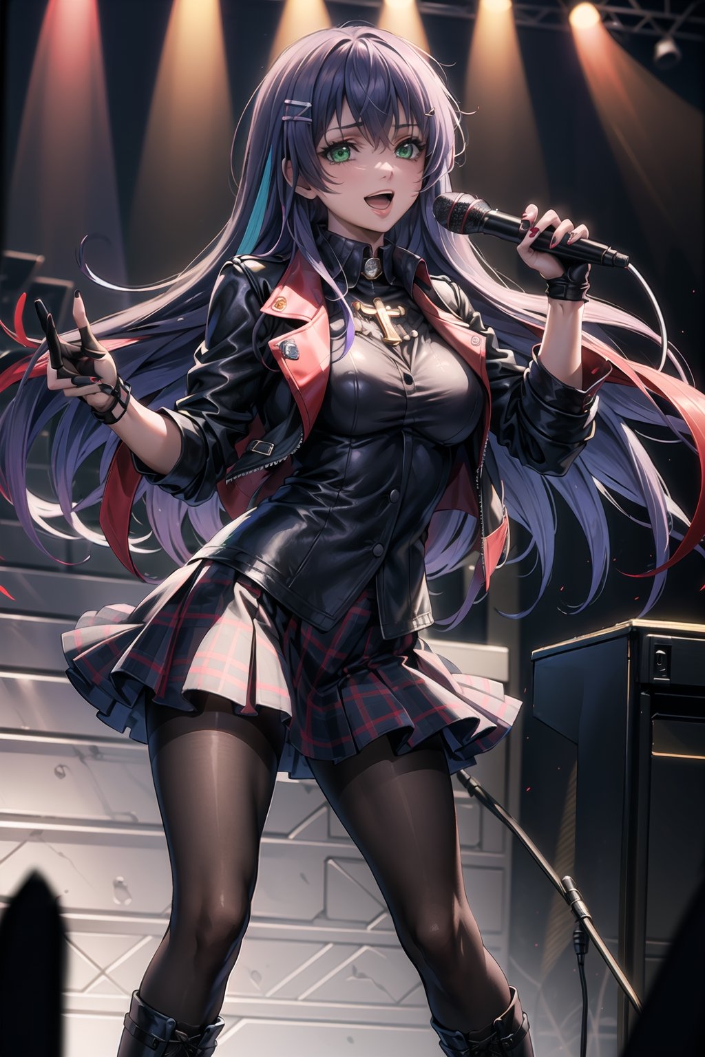 ((best quality)),  ((highly detailed)),  masterpiece,1girl, solo, smile, open mouth, skirt, shirt, hair ornament, gloves,  holding, jacket, stage, pantyhose,  boots, black gloves, hairclip, fingerless gloves, collar, two-tone hair, red hair, black jacket, plaid, black shirt, red skirt, plaid skirt, red footwear, microphone, red nails, spikes, cross-laced footwear, music, leather, holding microphone, singing, leather jacket ,(sasha, long hair, purple hair, green eyes)